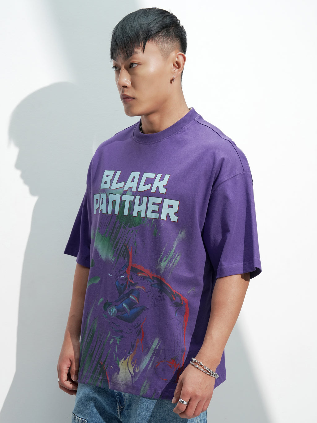 Marvel By Highlander Men Purple Black Panther Printed Round Neck Oversized Fit T-Shirt - Purple - Image 4