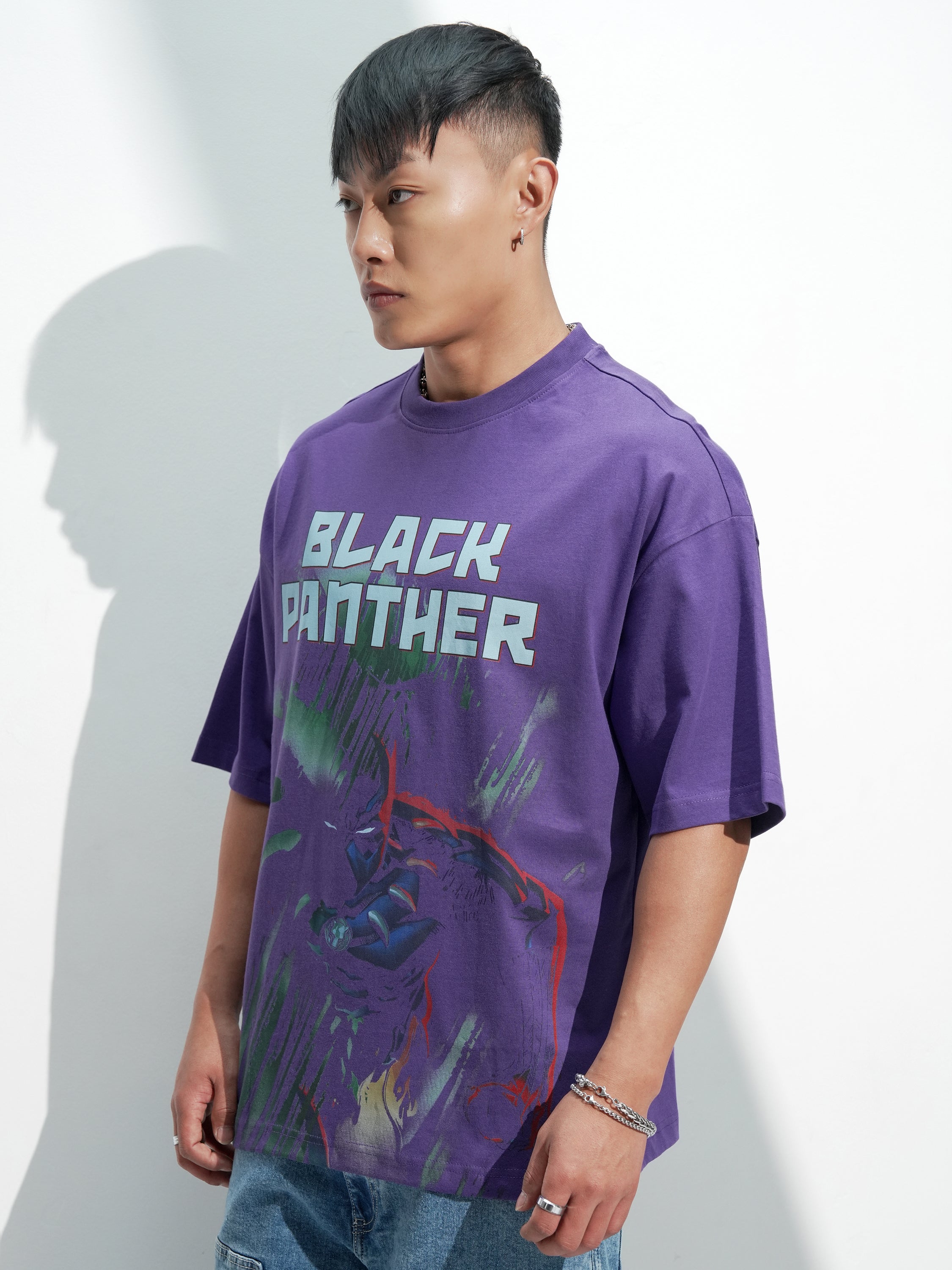 Marvel By Highlander Men Purple Black Panther Printed Round Neck Oversized Fit T-Shirt - Purple - Image 4