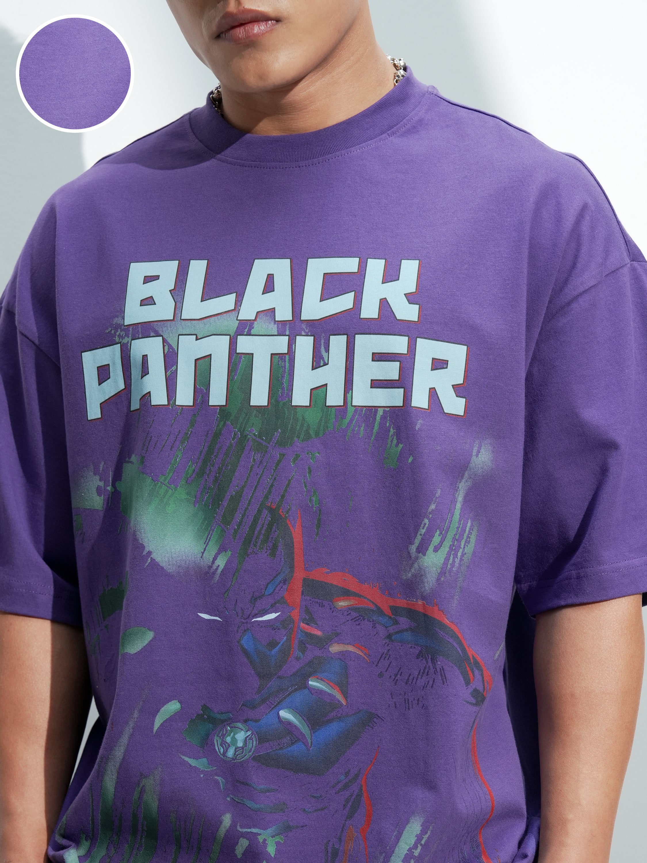 Marvel By Highlander Men Purple Black Panther Printed Round Neck Oversized Fit T-Shirt - Purple - Image 5