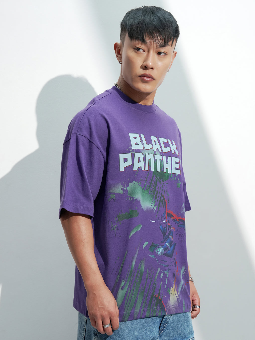 Marvel By Highlander Men Purple Black Panther Printed Round Neck Oversized Fit T-Shirt - Purple - Image 6