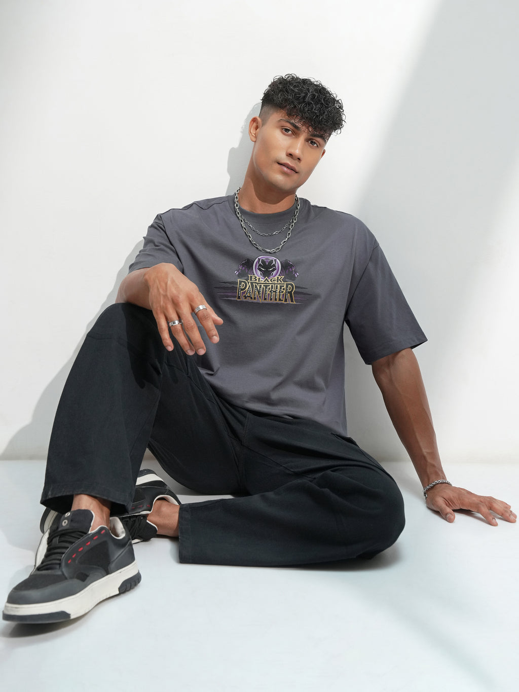 Marvel By Highlander Men Grey Black Panther Printed Round Neck Oversized Fit T-Shirt - Grey - Image 2