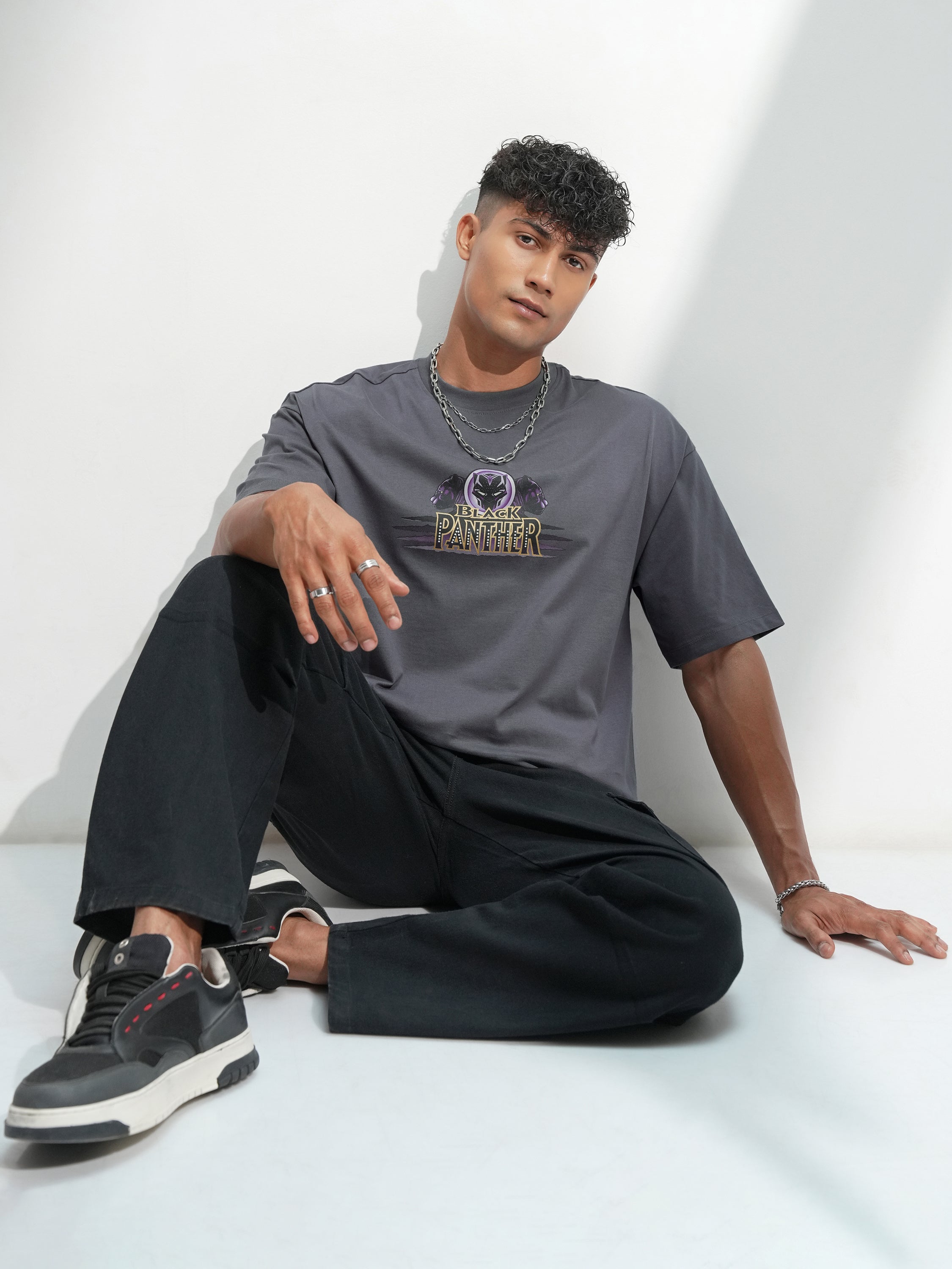 Marvel By Highlander Men Grey Black Panther Printed Round Neck Oversized Fit T-Shirt - Grey - Image 2