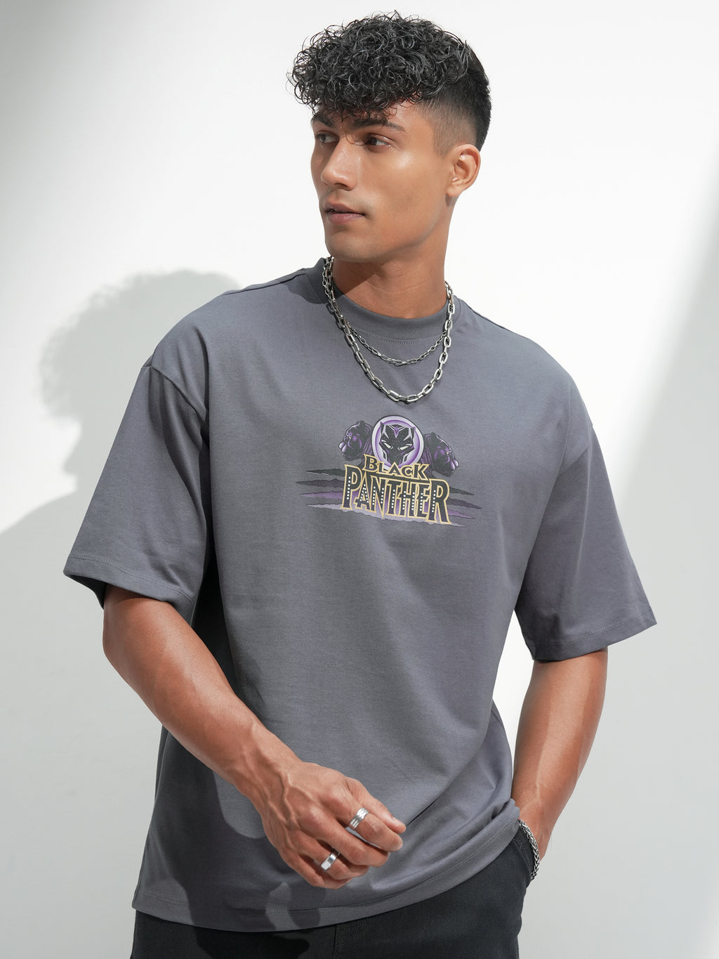 Marvel By Highlander Men Grey Black Panther Printed Round Neck Oversized Fit T-Shirt - Grey - Image 3