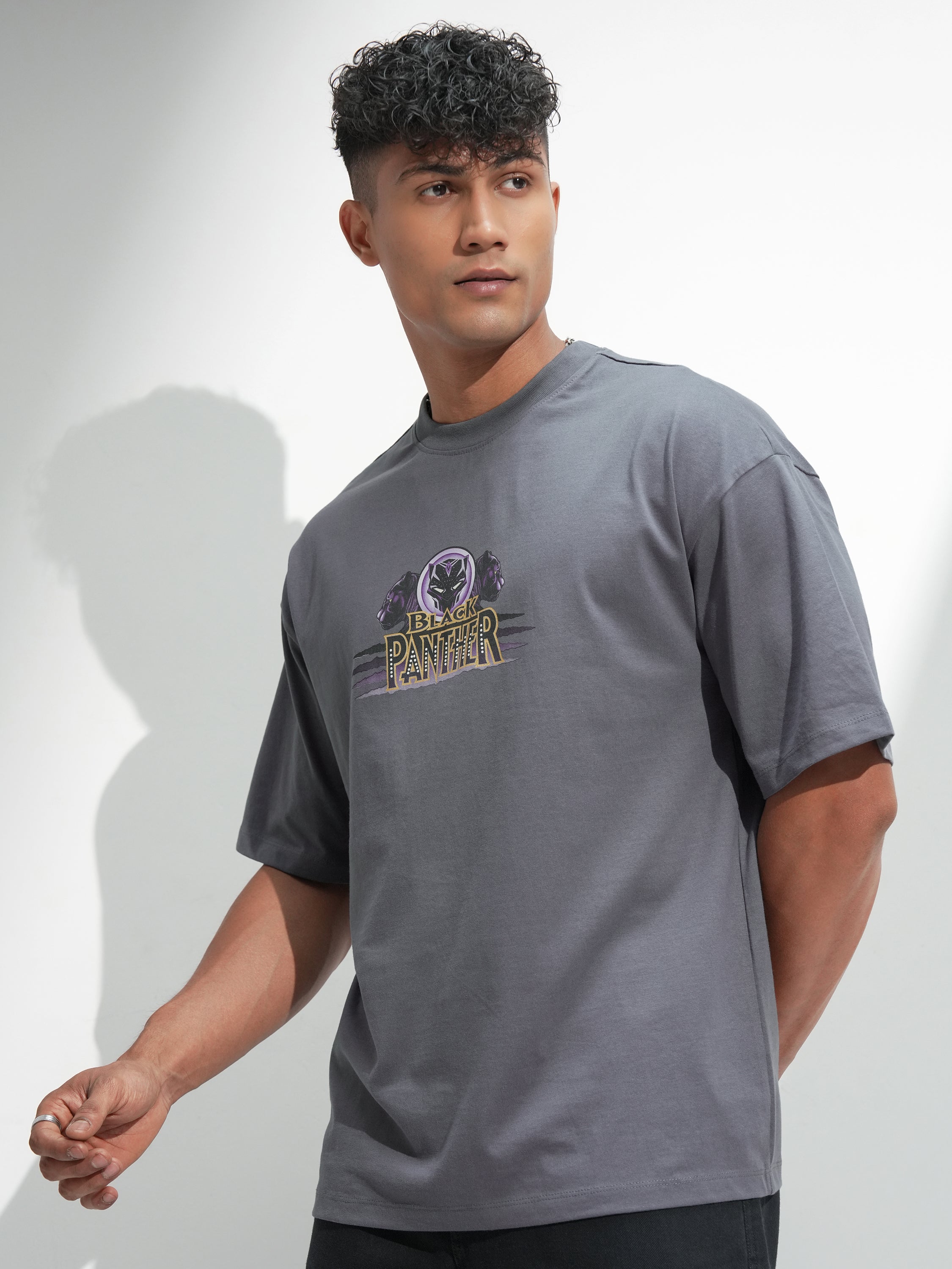 Marvel By Highlander Men Grey Black Panther Printed Round Neck Oversized Fit T-Shirt - Grey - Image 4