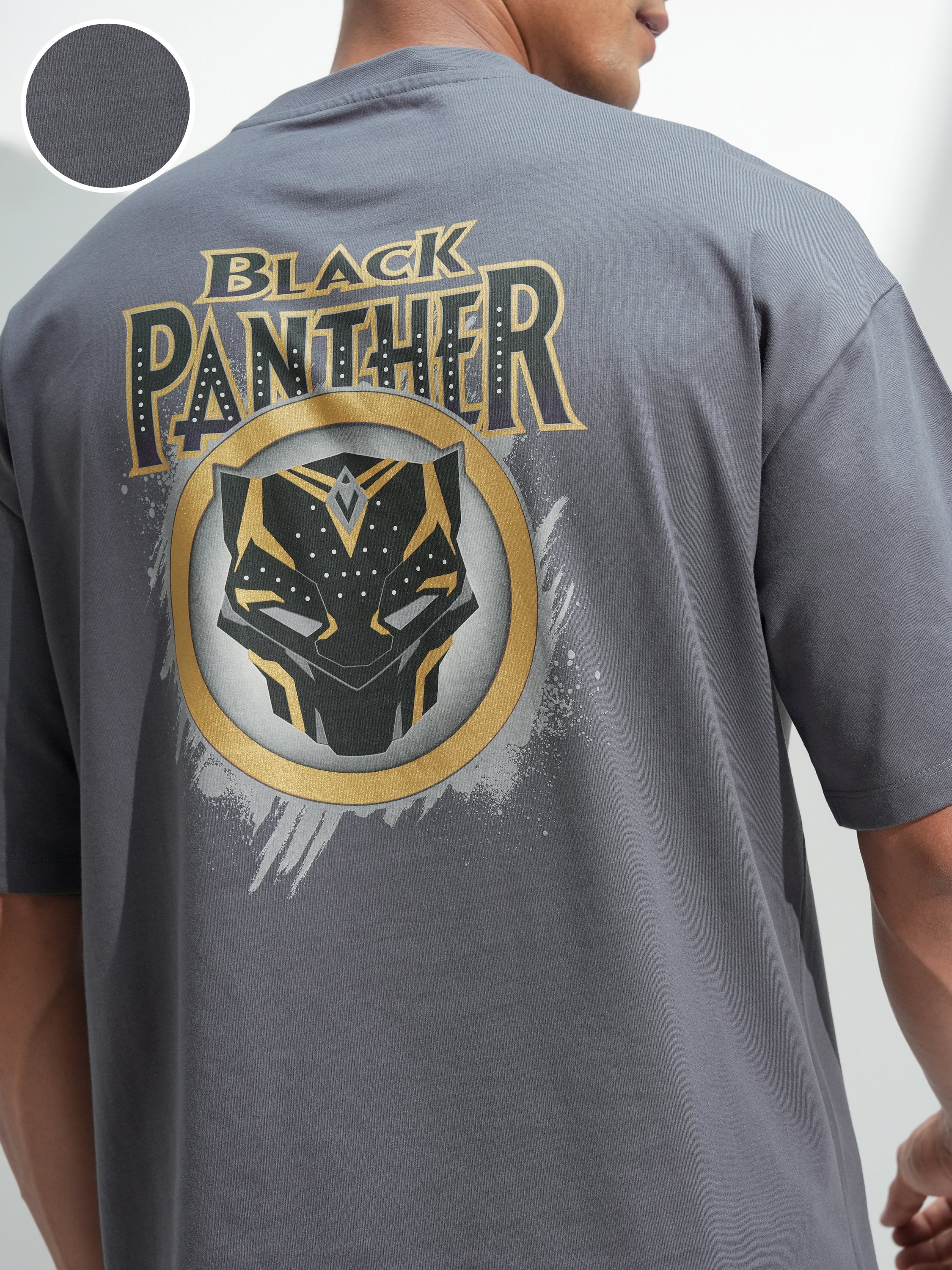 Marvel By Highlander Men Grey Black Panther Printed Round Neck Oversized Fit T-Shirt - Grey - Image 5