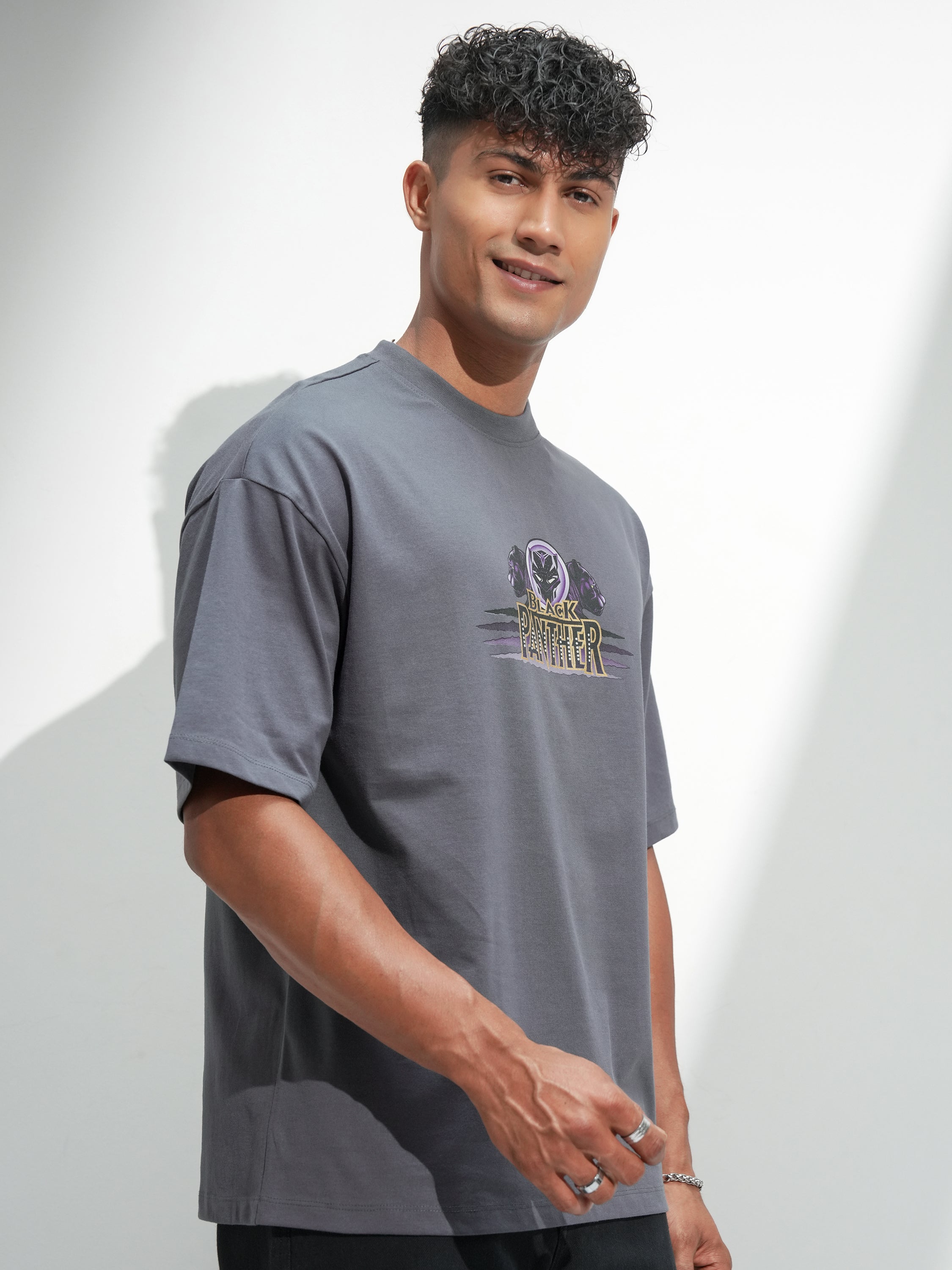 Marvel By Highlander Men Grey Black Panther Printed Round Neck Oversized Fit T-Shirt - Grey - Image 6