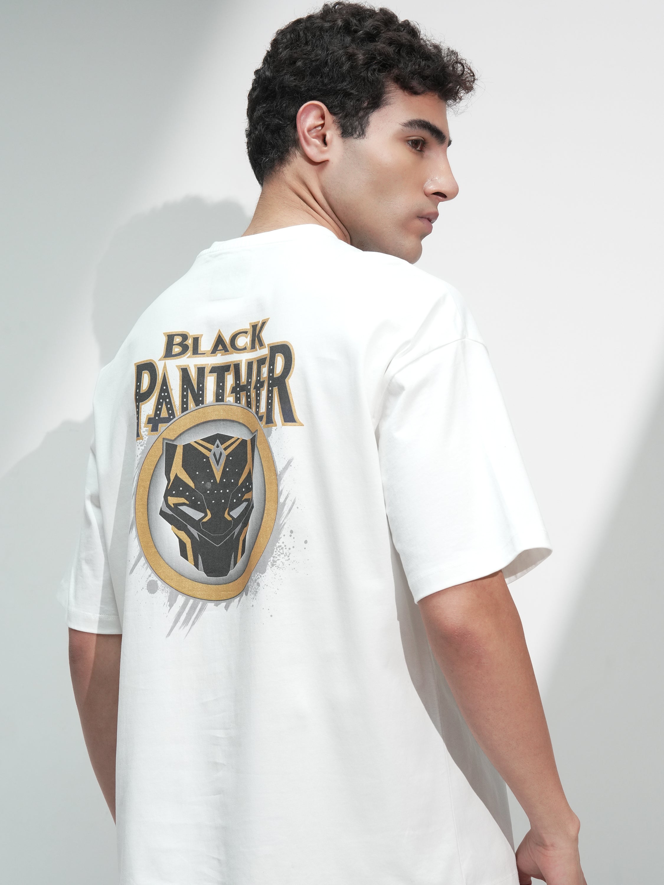Marvel By Highlander Men White Black Panther Printed Round Neck Oversized Fit T-Shirt - White - Image 1
