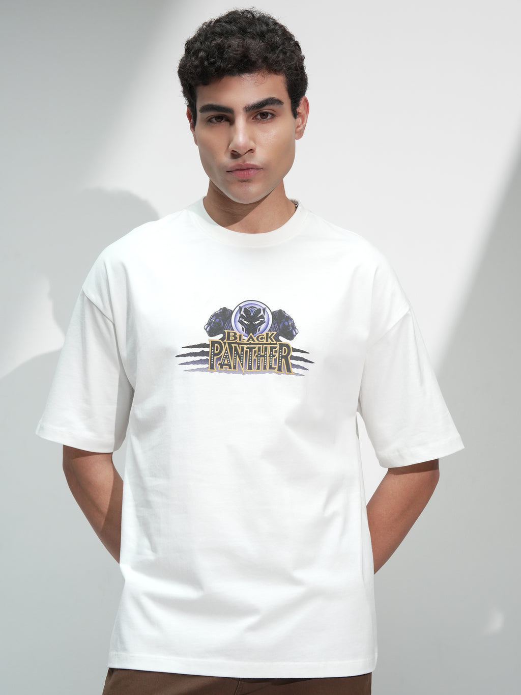 Marvel By Highlander Men White Black Panther Printed Round Neck Oversized Fit T-Shirt - White - Image 3