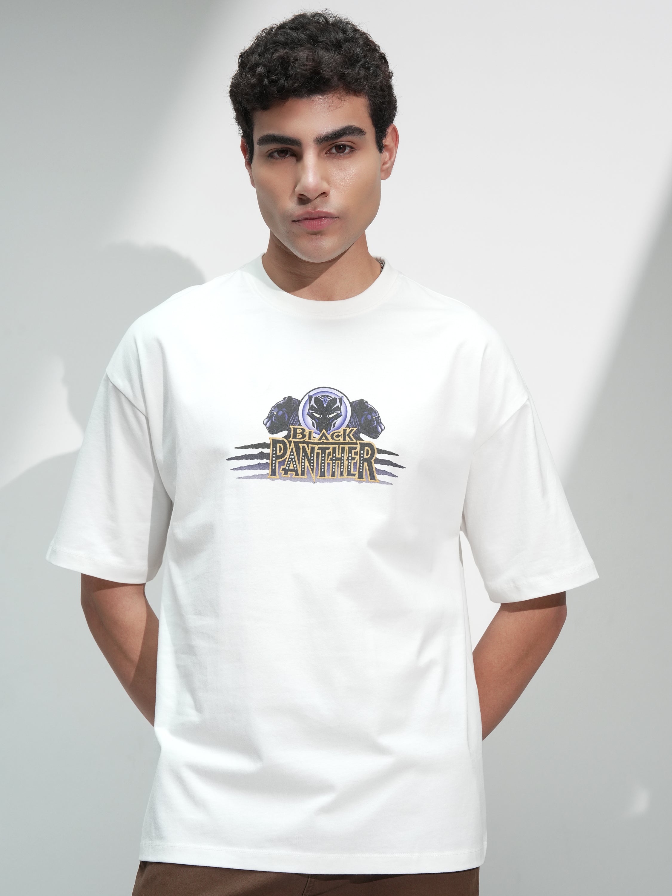 Marvel By Highlander Men White Black Panther Printed Round Neck Oversized Fit T-Shirt - White - Image 3
