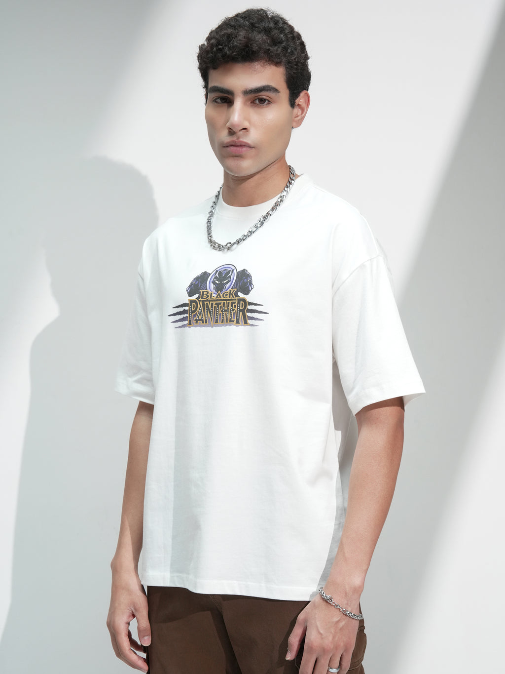 Marvel By Highlander Men White Black Panther Printed Round Neck Oversized Fit T-Shirt - White - Image 4