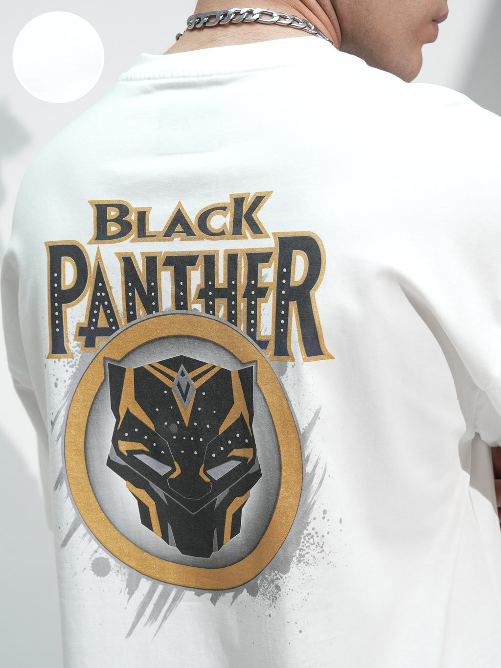 Marvel By Highlander Men White Black Panther Printed Round Neck Oversized Fit T-Shirt - White - Image 5