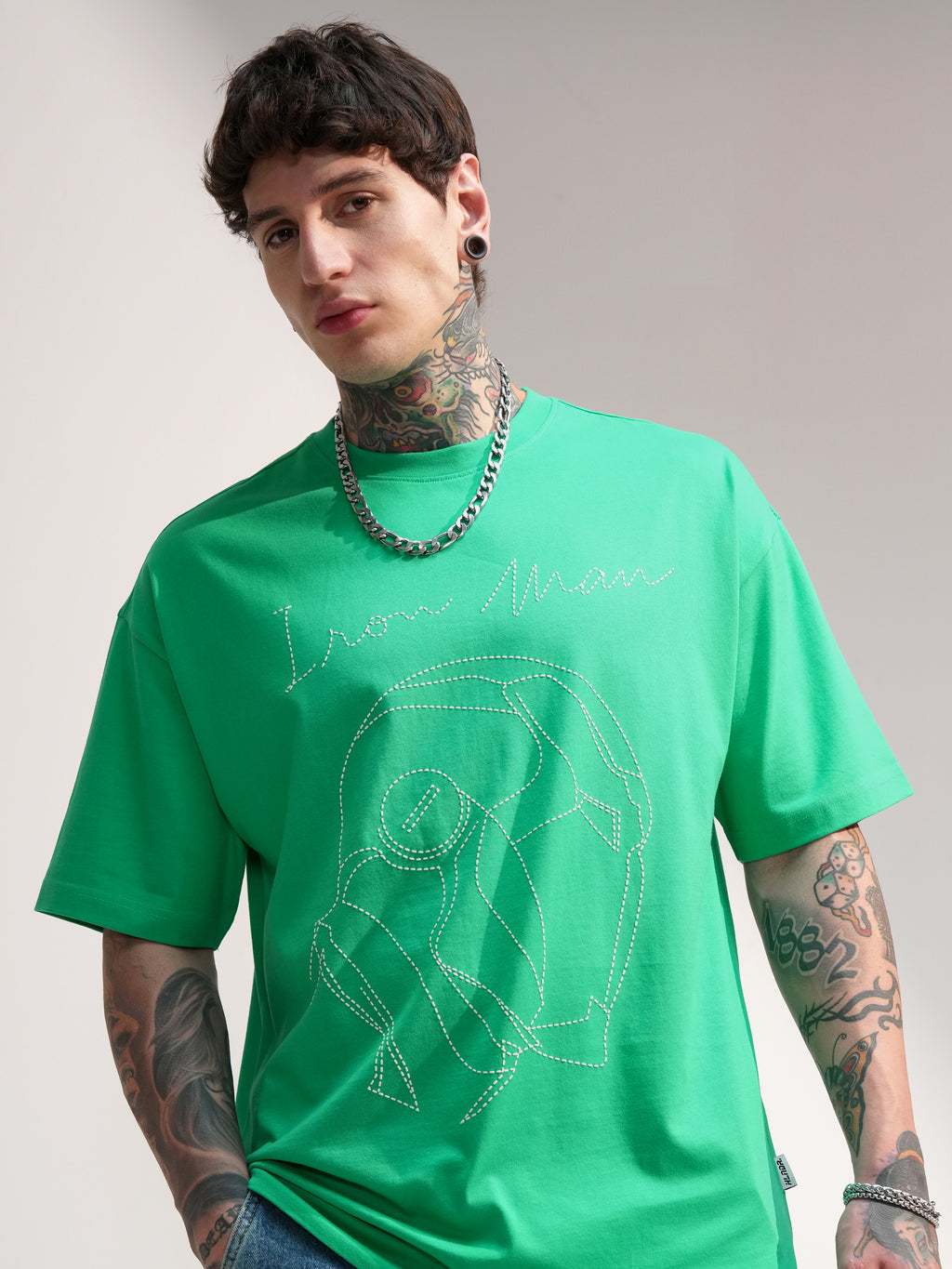Marvel By Highlander Men Green Iron Man Embroidered Round Neck Oversized Fit T-Shirt - Green - Image 1