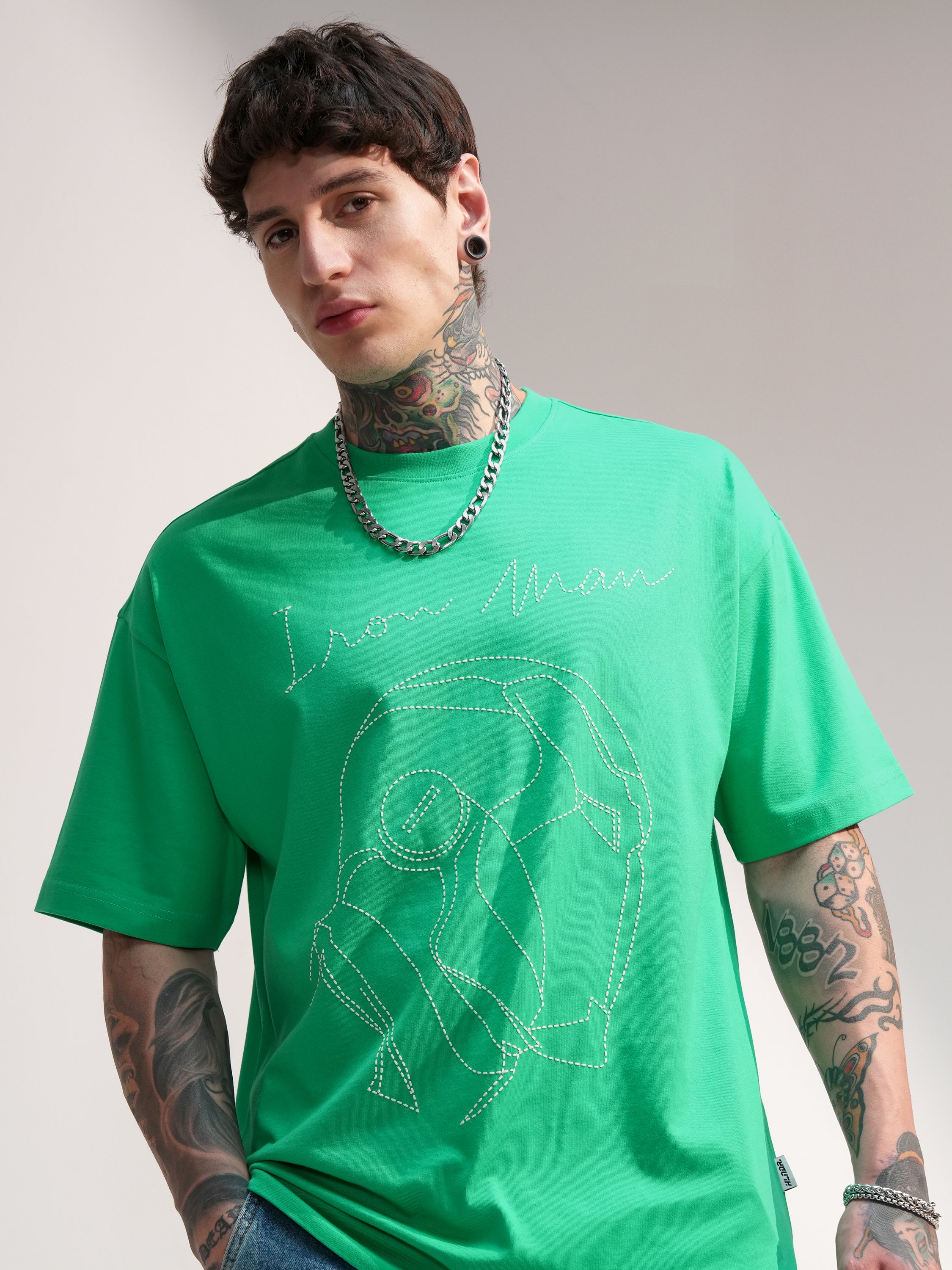 Marvel By Highlander Men Green Iron Man Embroidered Round Neck Oversized Fit T-Shirt - Green - Image 1