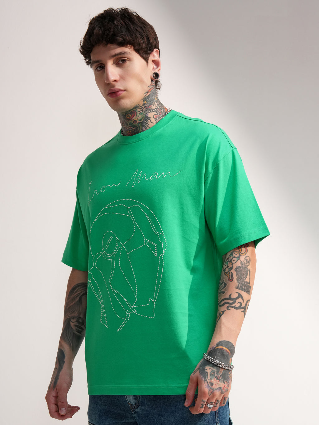 Marvel By Highlander Men Green Iron Man Embroidered Round Neck Oversized Fit T-Shirt - Green - Image 4