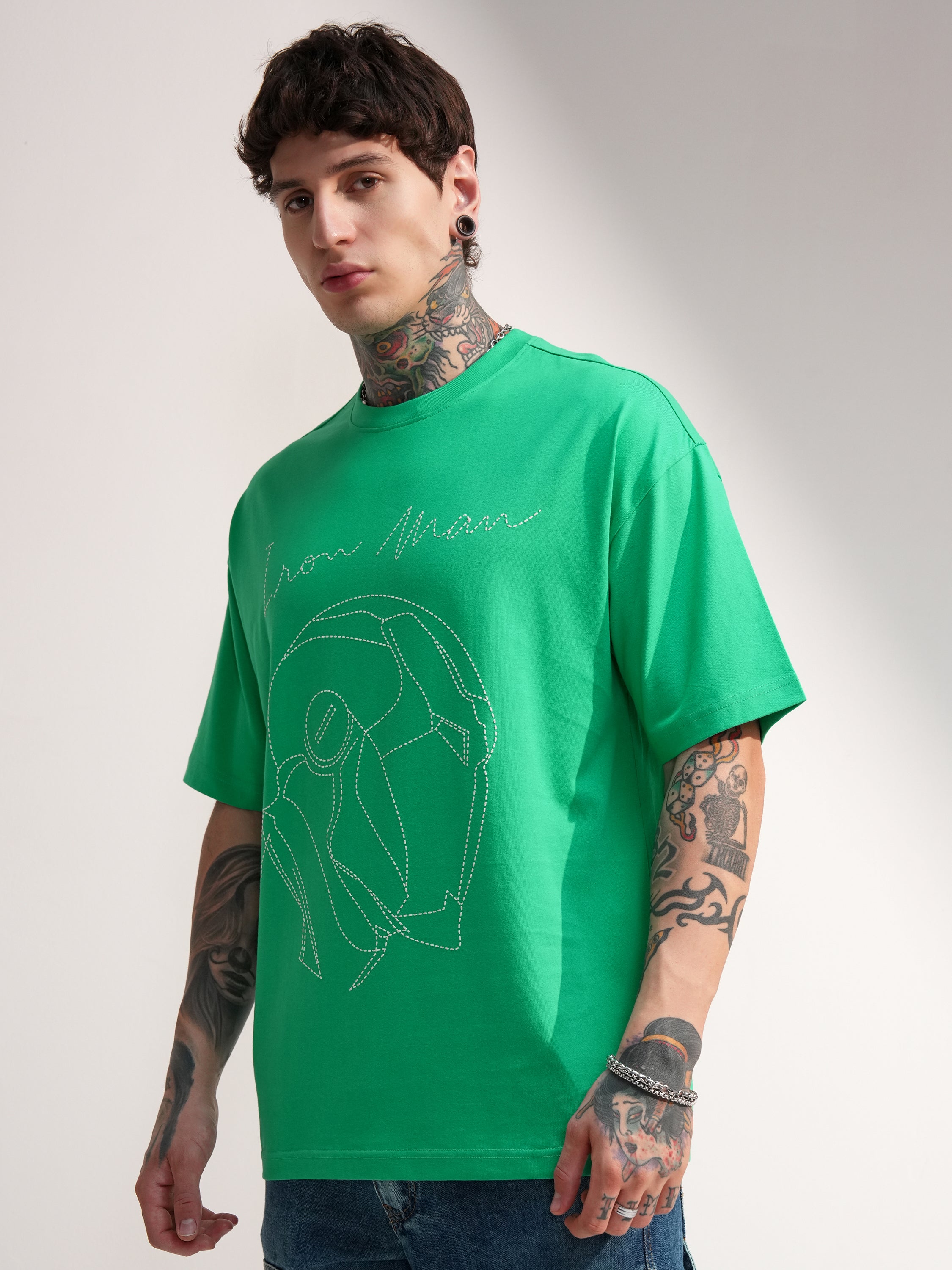 Marvel By Highlander Men Green Iron Man Embroidered Round Neck Oversized Fit T-Shirt - Green - Image 4