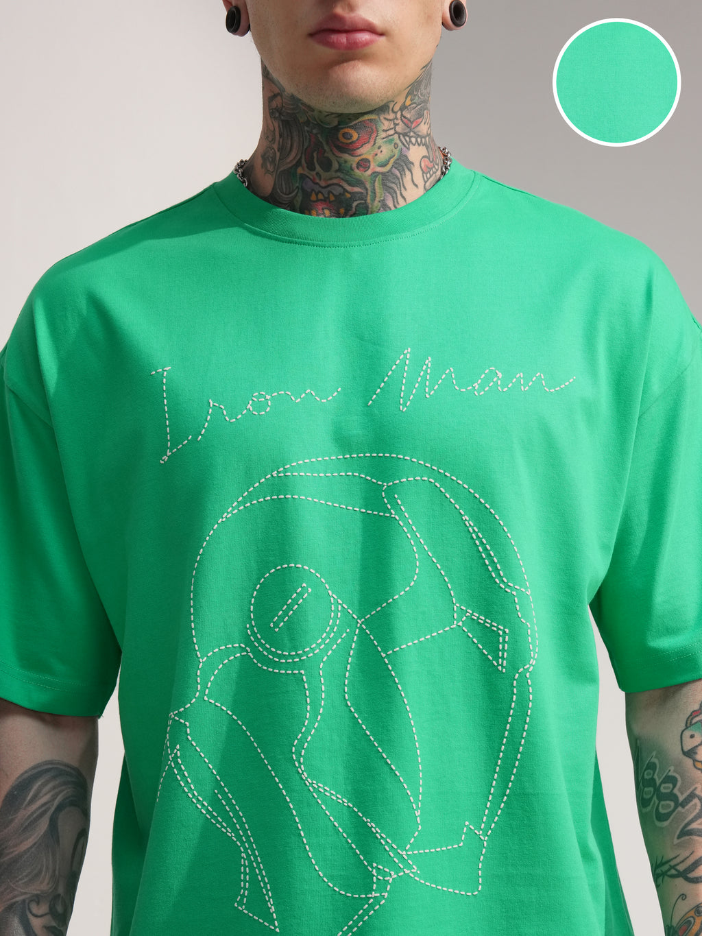Marvel By Highlander Men Green Iron Man Embroidered Round Neck Oversized Fit T-Shirt - Green - Image 5