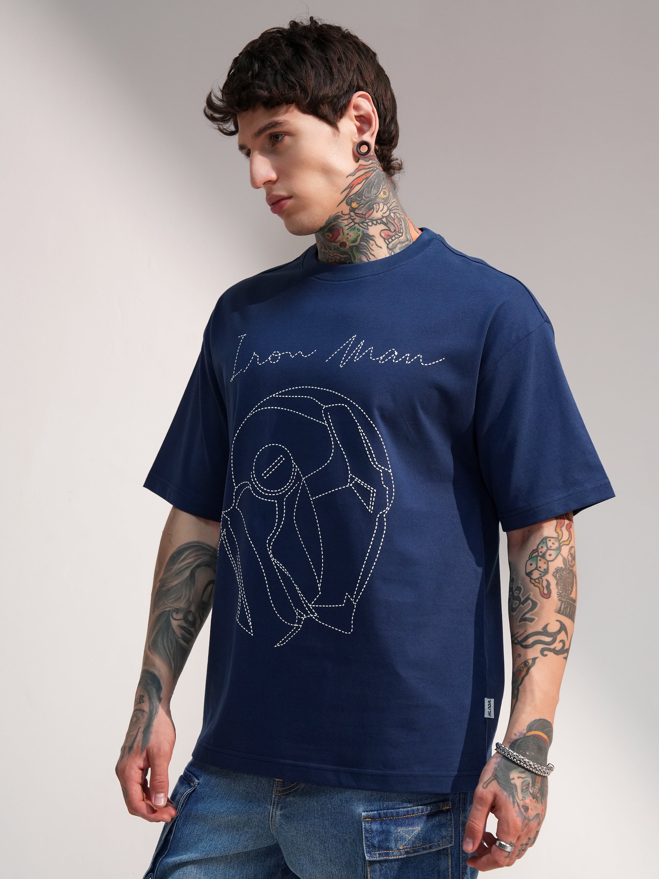 Marvel By Highlander Men Navy Blue Iron Man Embroidered Round Neck Oversized Fit T-Shirt - Navy Blue - Image 4