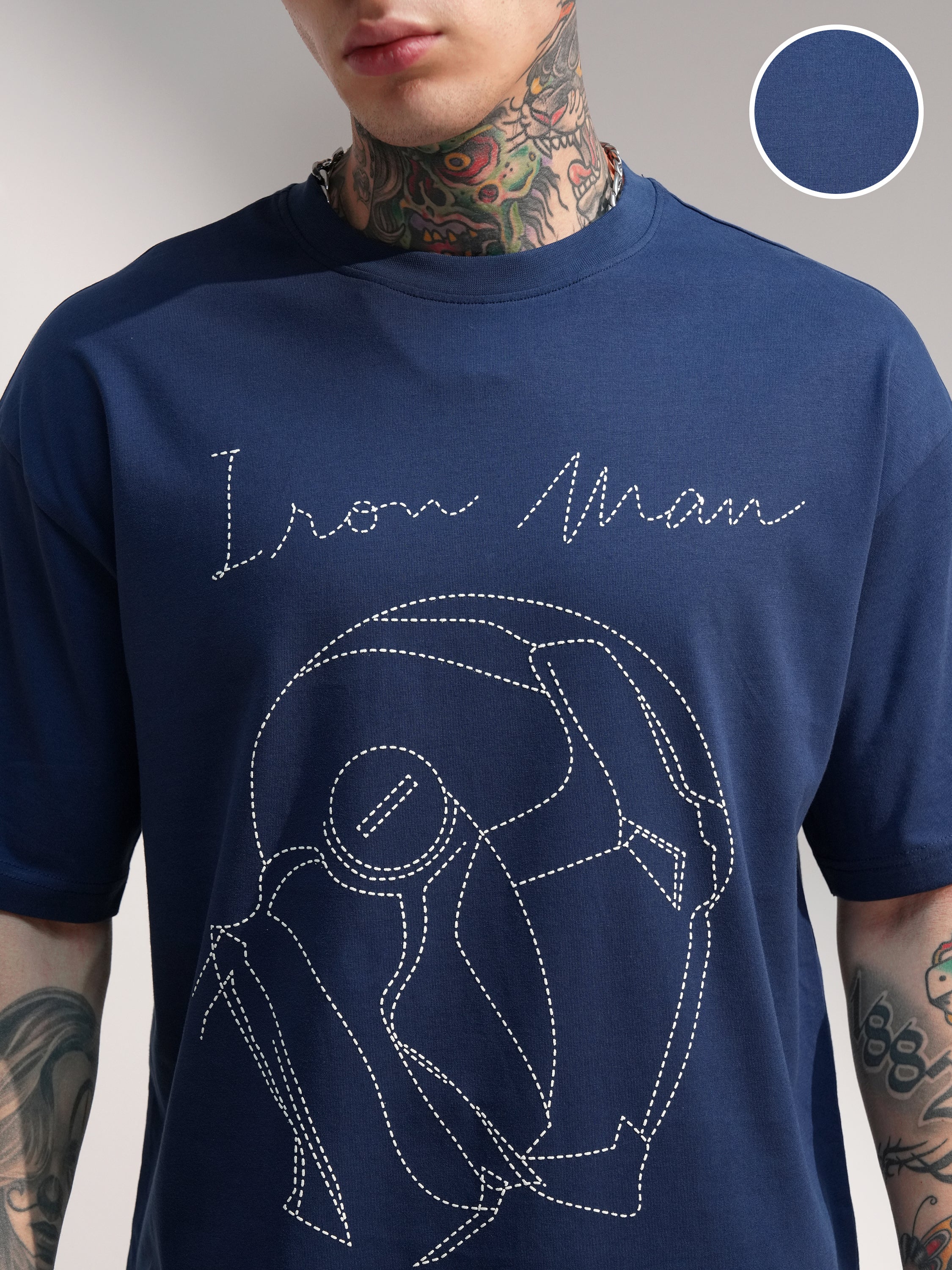 Marvel By Highlander Men Navy Blue Iron Man Embroidered Round Neck Oversized Fit T-Shirt - Navy Blue - Image 5