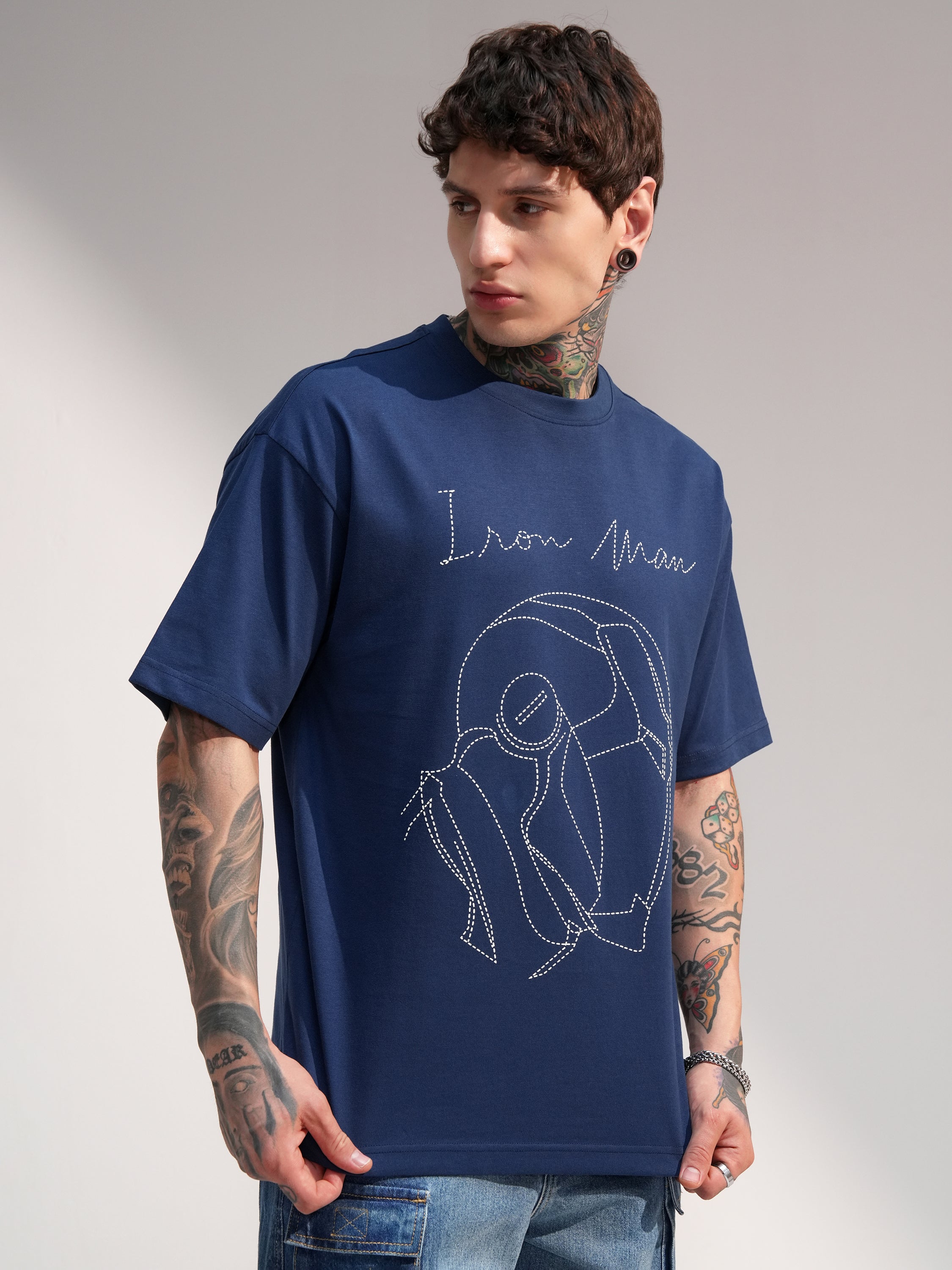 Marvel By Highlander Men Navy Blue Iron Man Embroidered Round Neck Oversized Fit T-Shirt - Navy Blue - Image 6
