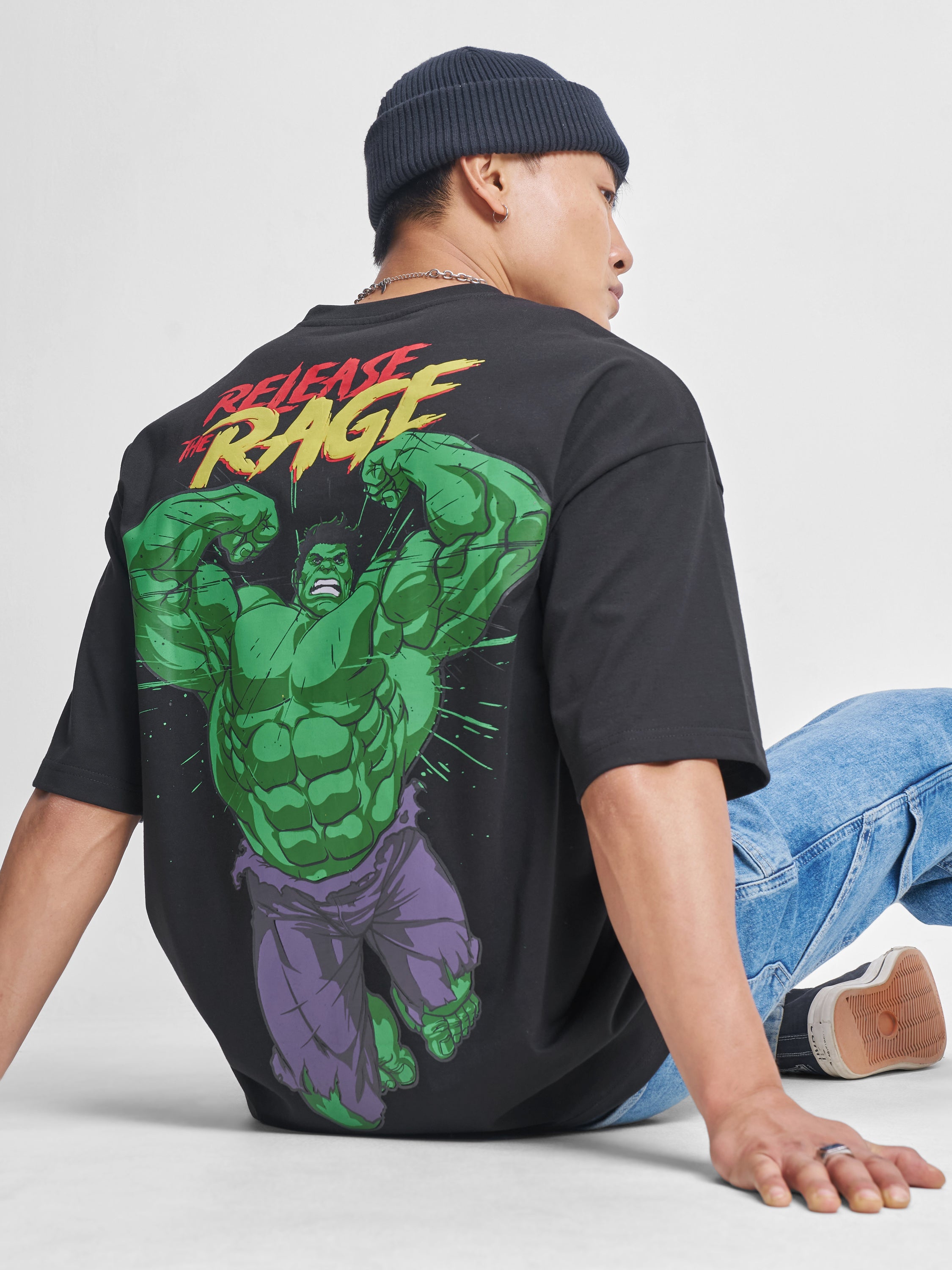 Marvel By Highlander Men Black Hulk Printed Round Neck Oversized Fit T-Shirt - Black - Image 1