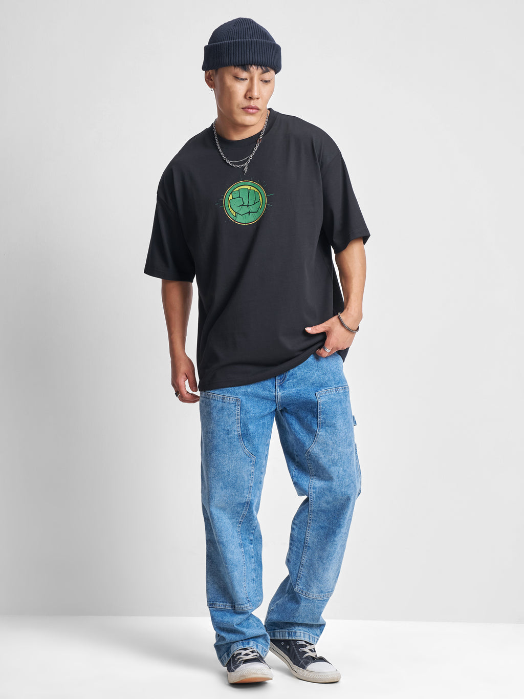 Marvel By Highlander Men Black Hulk Printed Round Neck Oversized Fit T-Shirt - Black - Image 2