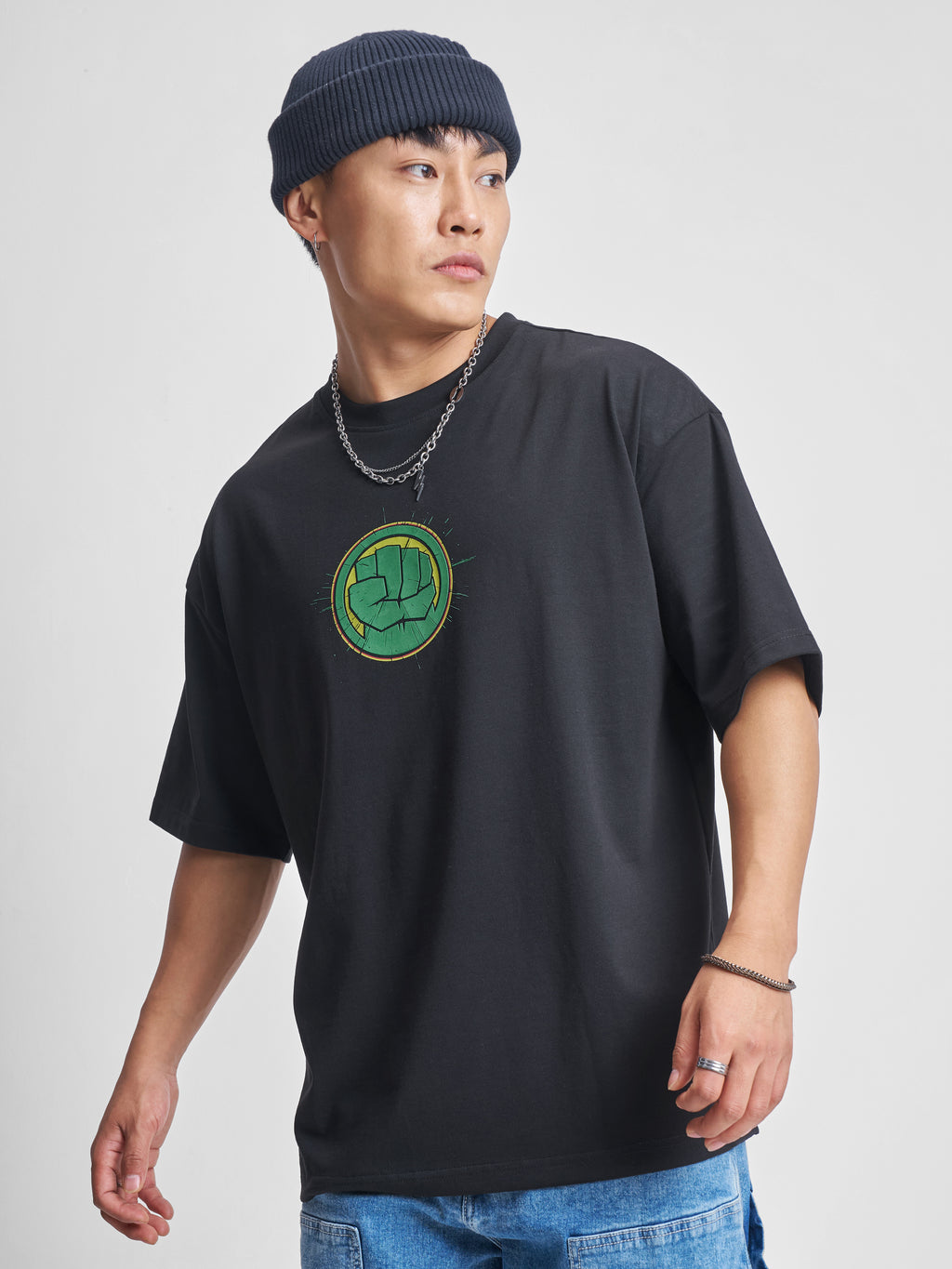 Marvel By Highlander Men Black Hulk Printed Round Neck Oversized Fit T-Shirt - Black - Image 3