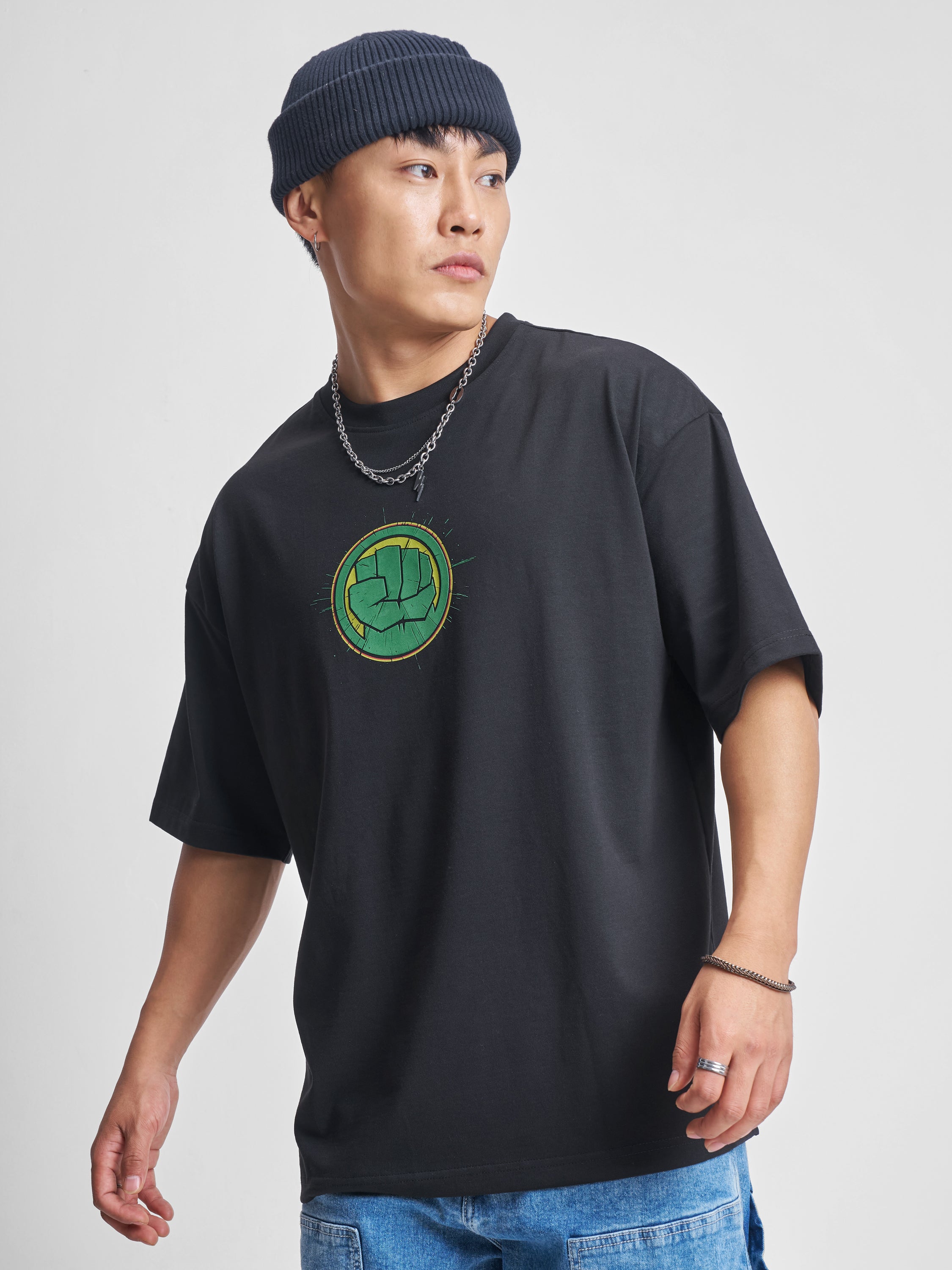 Marvel By Highlander Men Black Hulk Printed Round Neck Oversized Fit T-Shirt - Black - Image 3