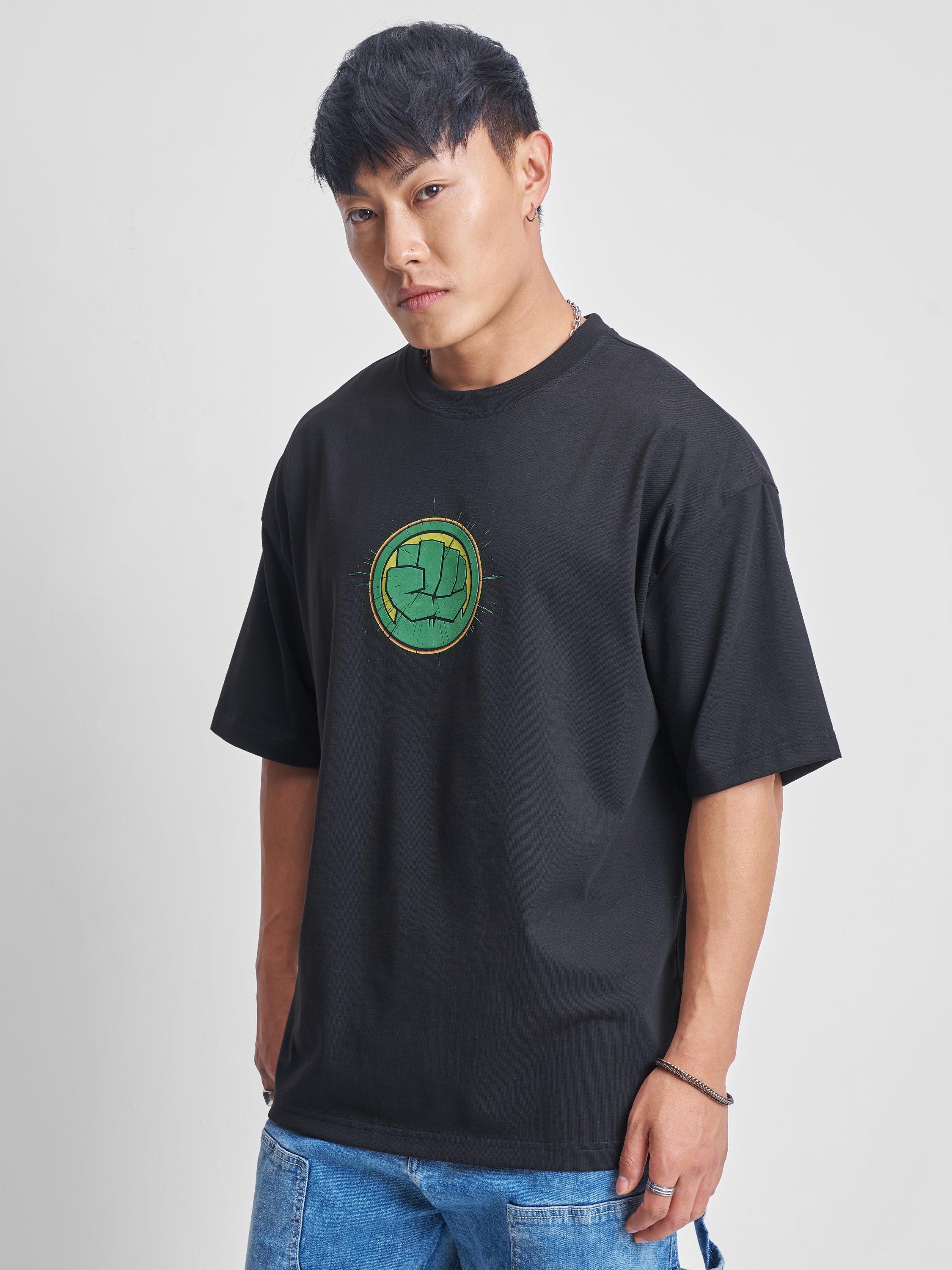 Marvel By Highlander Men Black Hulk Printed Round Neck Oversized Fit T-Shirt - Black - Image 4