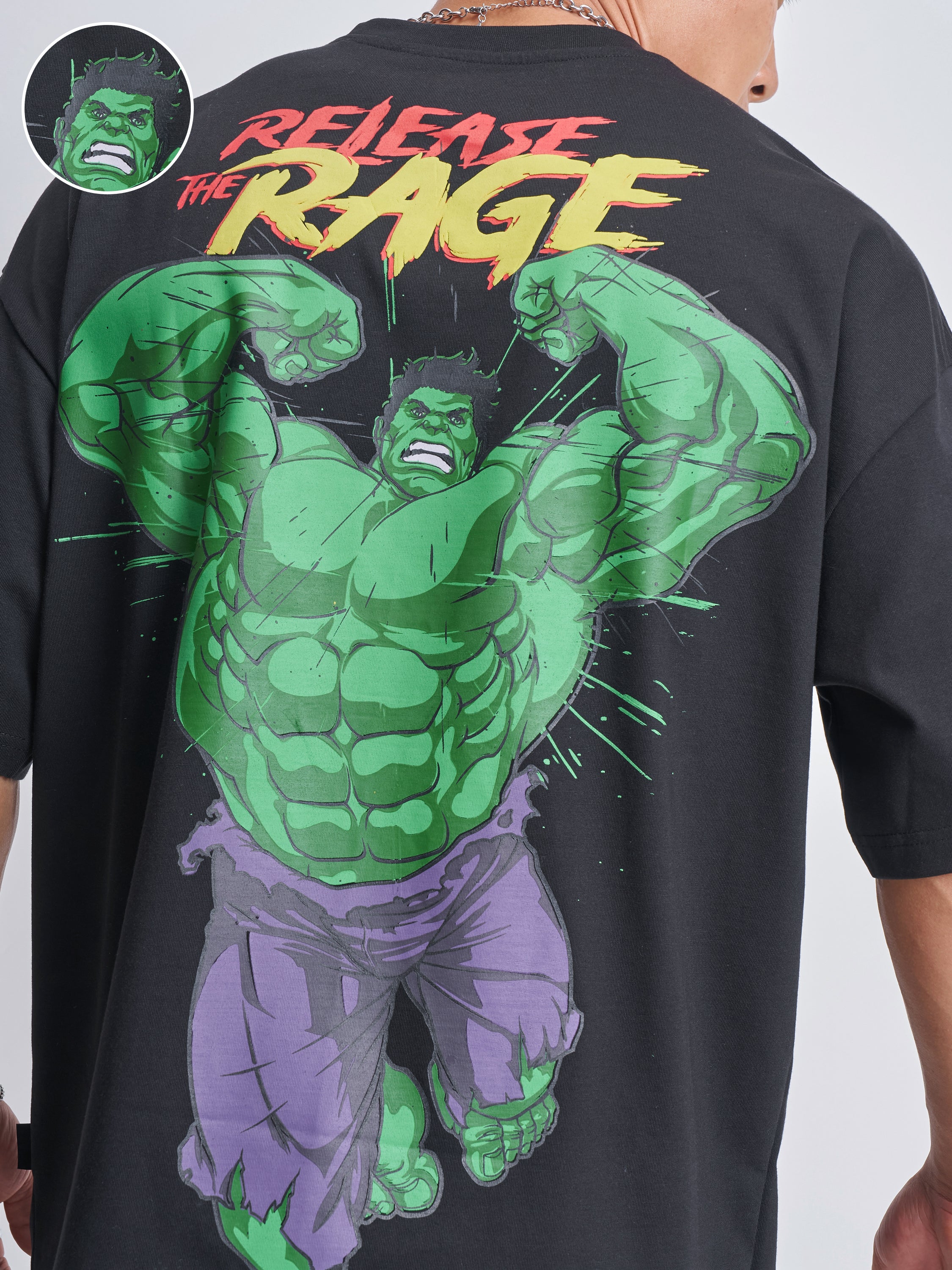 Marvel By Highlander Men Black Hulk Printed Round Neck Oversized Fit T-Shirt - Black - Image 5