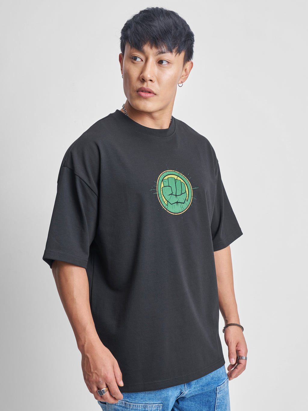Marvel By Highlander Men Black Hulk Printed Round Neck Oversized Fit T-Shirt - Black - Image 6