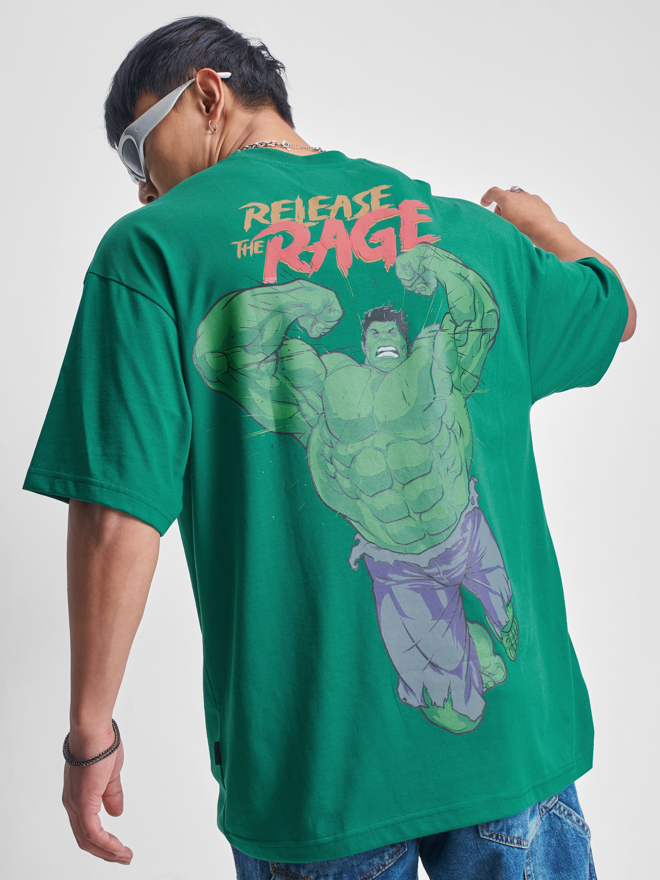 Marvel By Highlander Men Green Hulk Printed Round Neck Oversized Fit T-Shirt - Green - Image 1