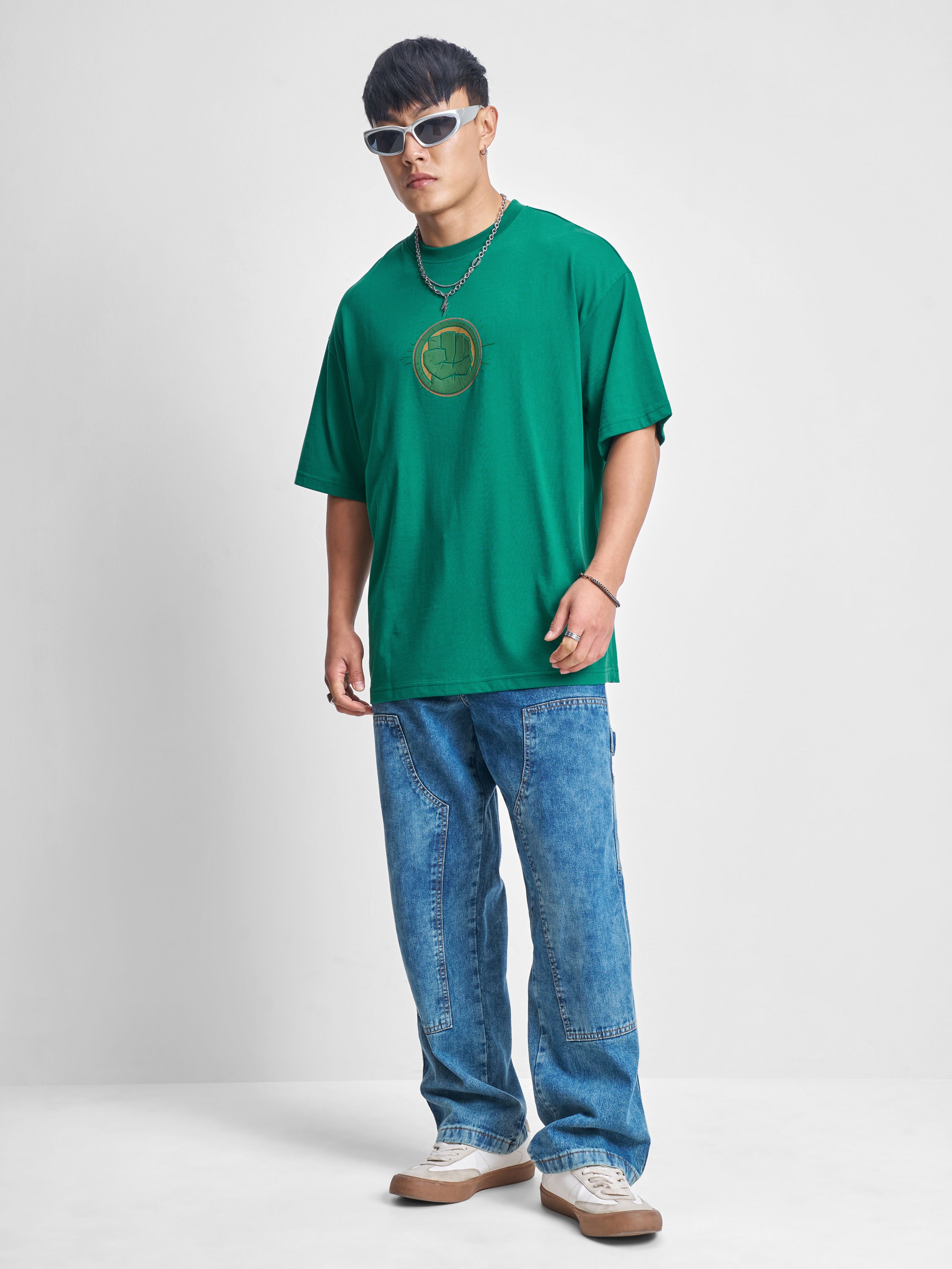 Marvel By Highlander Men Green Hulk Printed Round Neck Oversized Fit T-Shirt - Green - Image 2