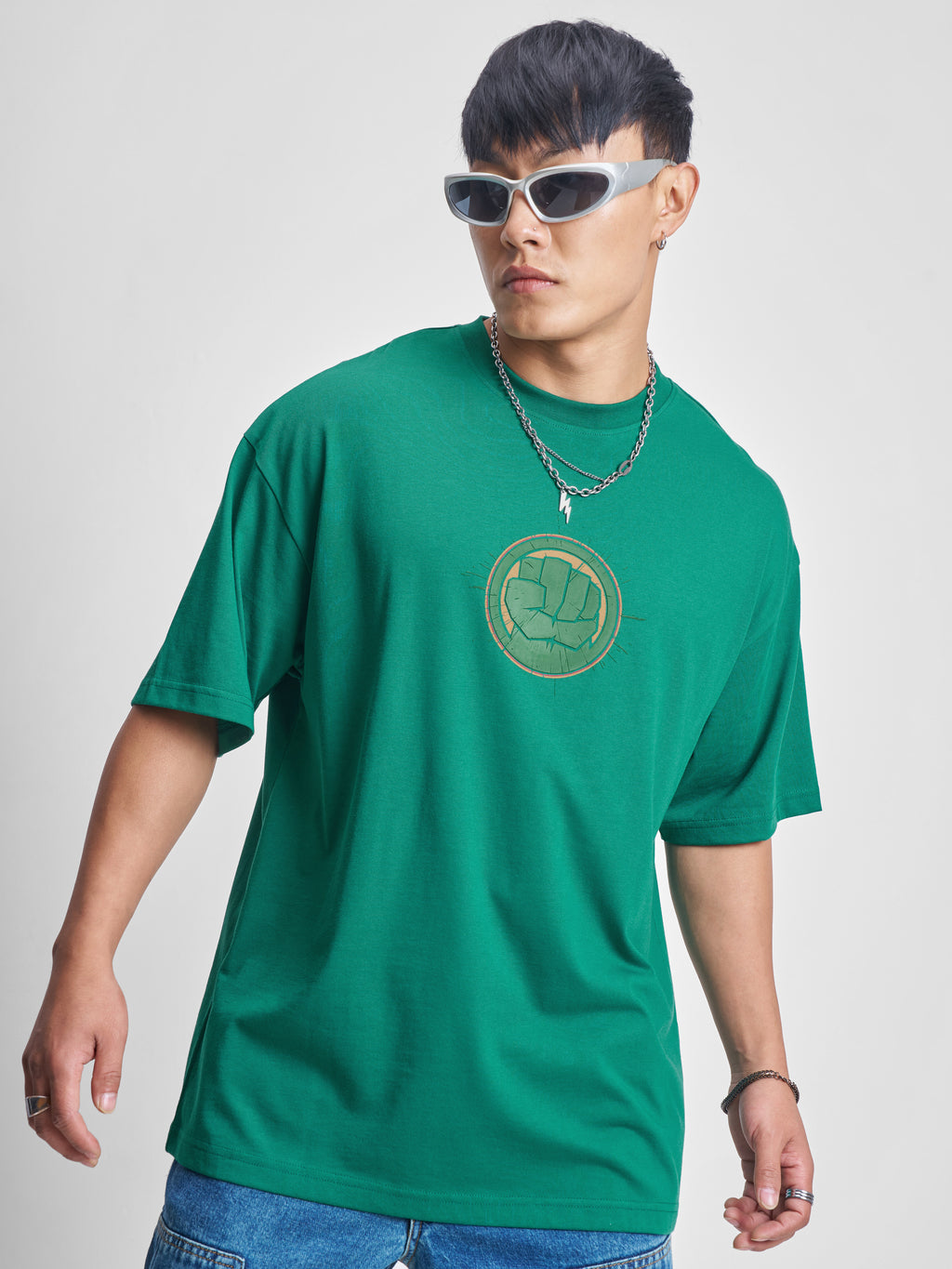 Marvel By Highlander Men Green Hulk Printed Round Neck Oversized Fit T-Shirt - Green - Image 3