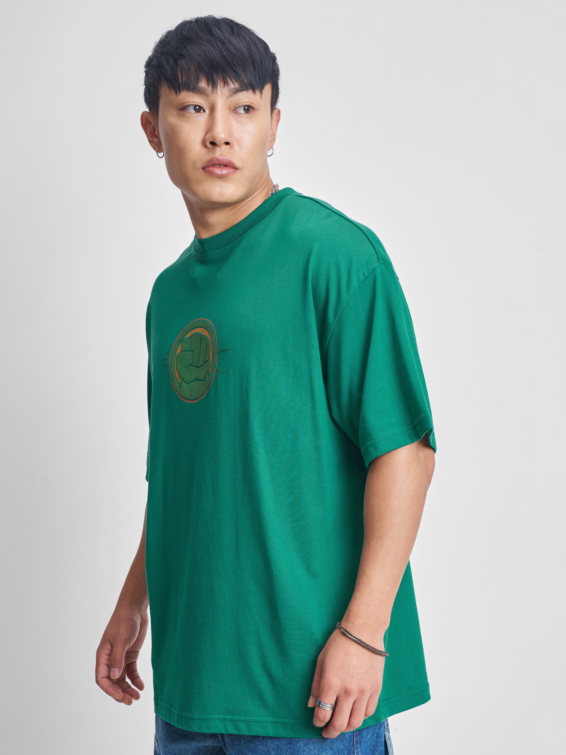 Marvel By Highlander Men Green Hulk Printed Round Neck Oversized Fit T-Shirt - Green - Image 4