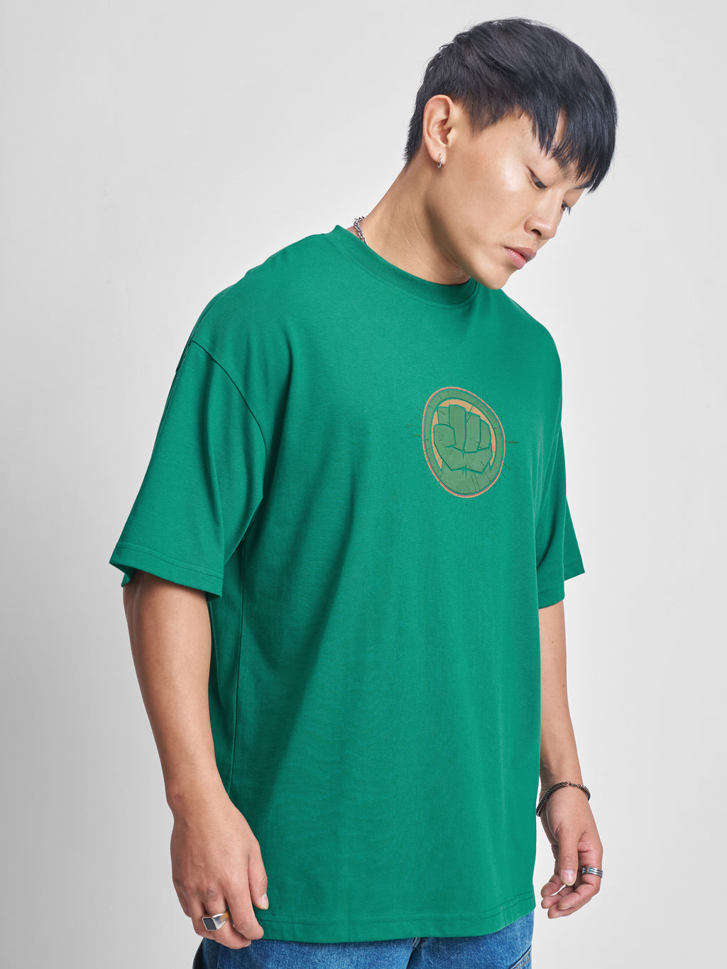 Marvel By Highlander Men Green Hulk Printed Round Neck Oversized Fit T-Shirt - Green - Image 6