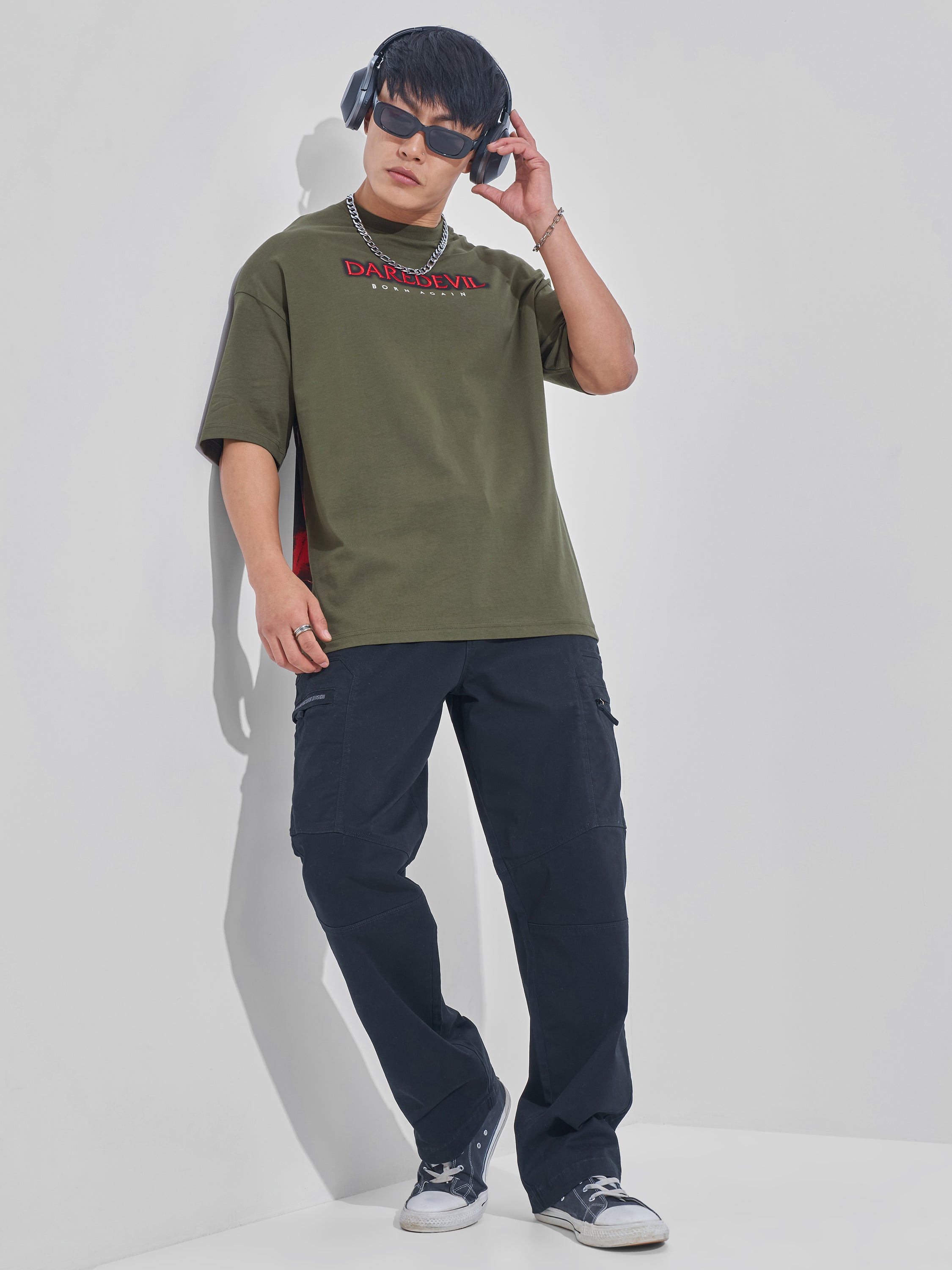Marvel By Highlander Men Olive Dare Devil Printed Round Neck Oversized Fit T-Shirt - Olive - Image 2