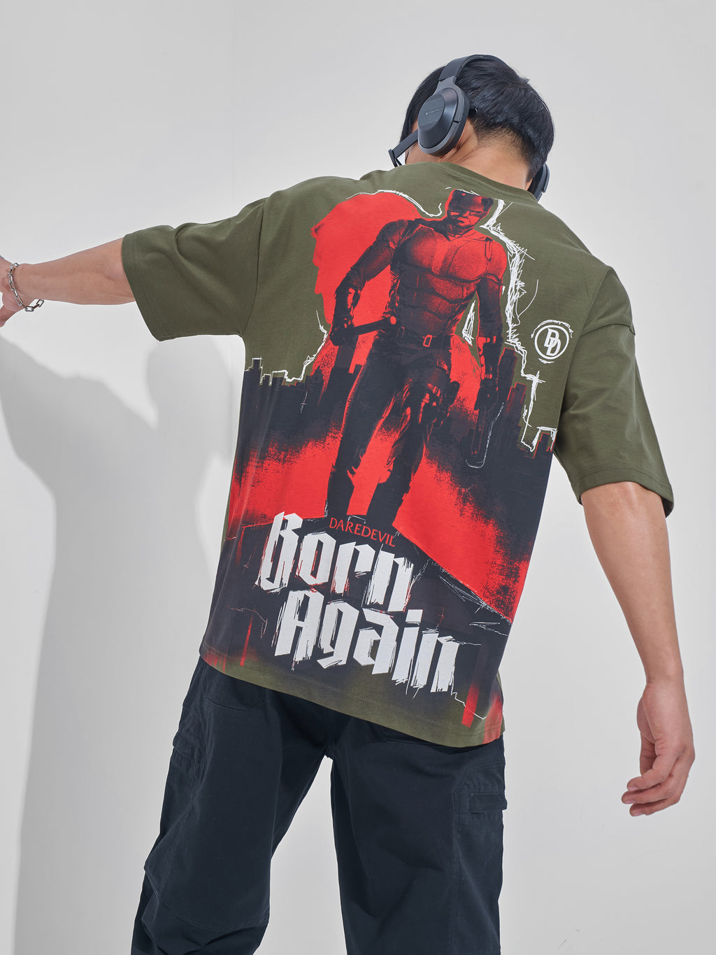 Marvel By Highlander Men Olive Dare Devil Printed Round Neck Oversized Fit T-Shirt - Olive - Image 3
