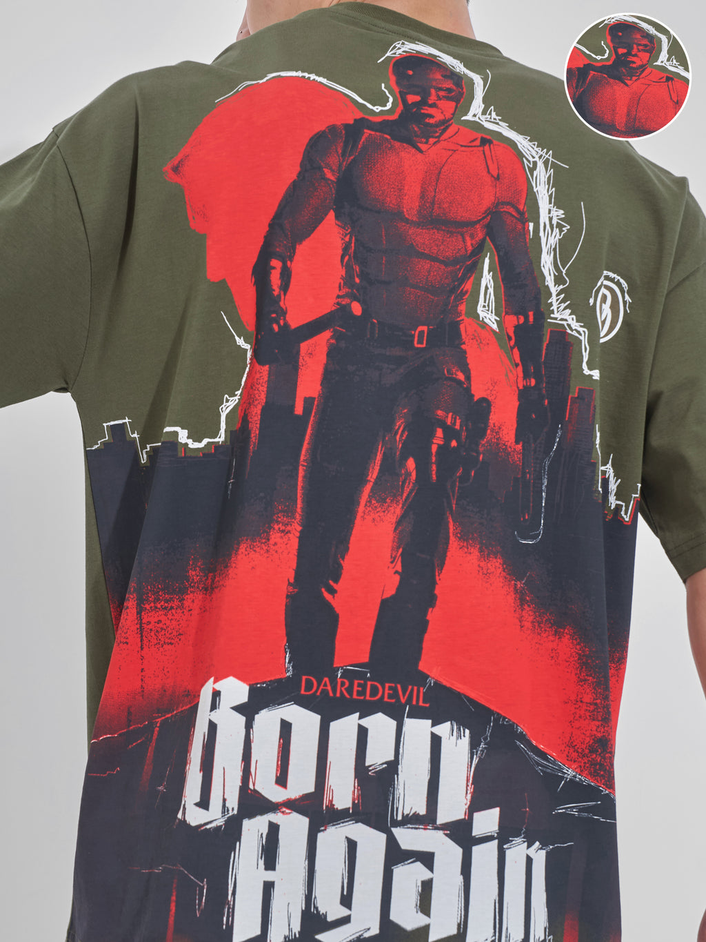 Marvel By Highlander Men Olive Dare Devil Printed Round Neck Oversized Fit T-Shirt - Olive - Image 5