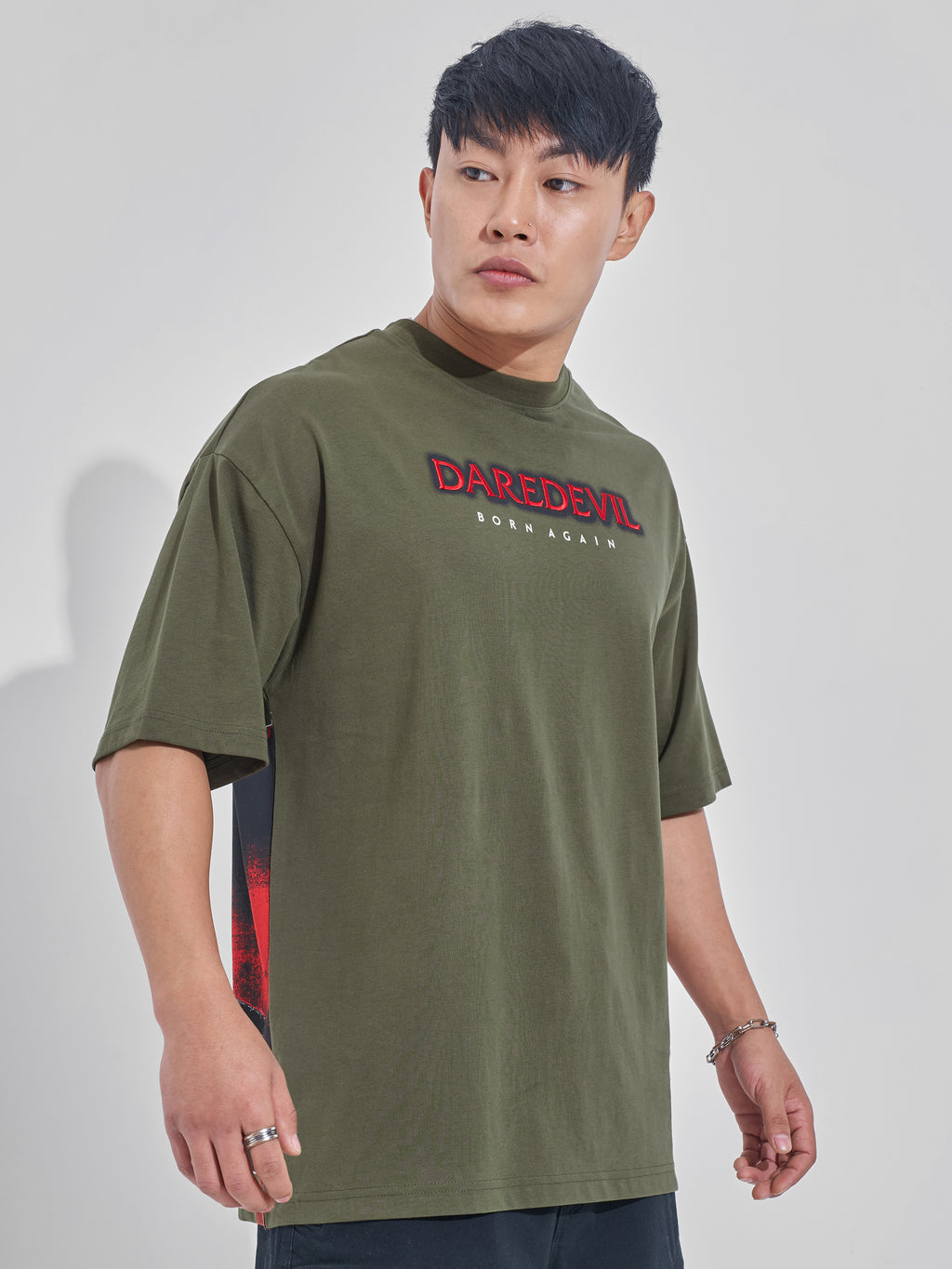 Marvel By Highlander Men Olive Dare Devil Printed Round Neck Oversized Fit T-Shirt - Olive - Image 6