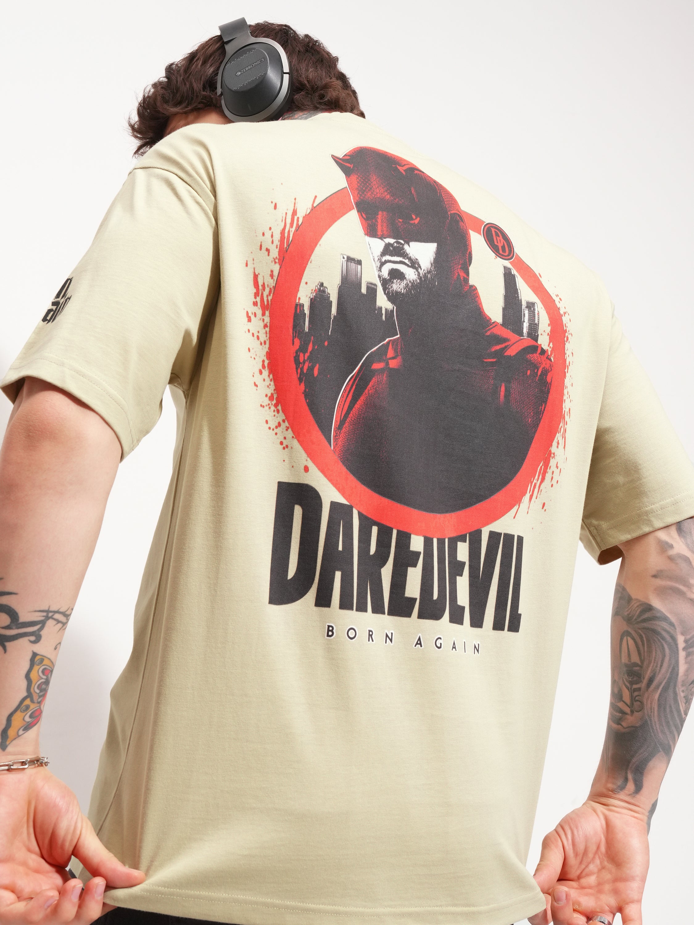 Marvel By Highlander Men Beige Dare Devil Printed Round Neck Oversized Fit T-Shirt - Beige - Image 1