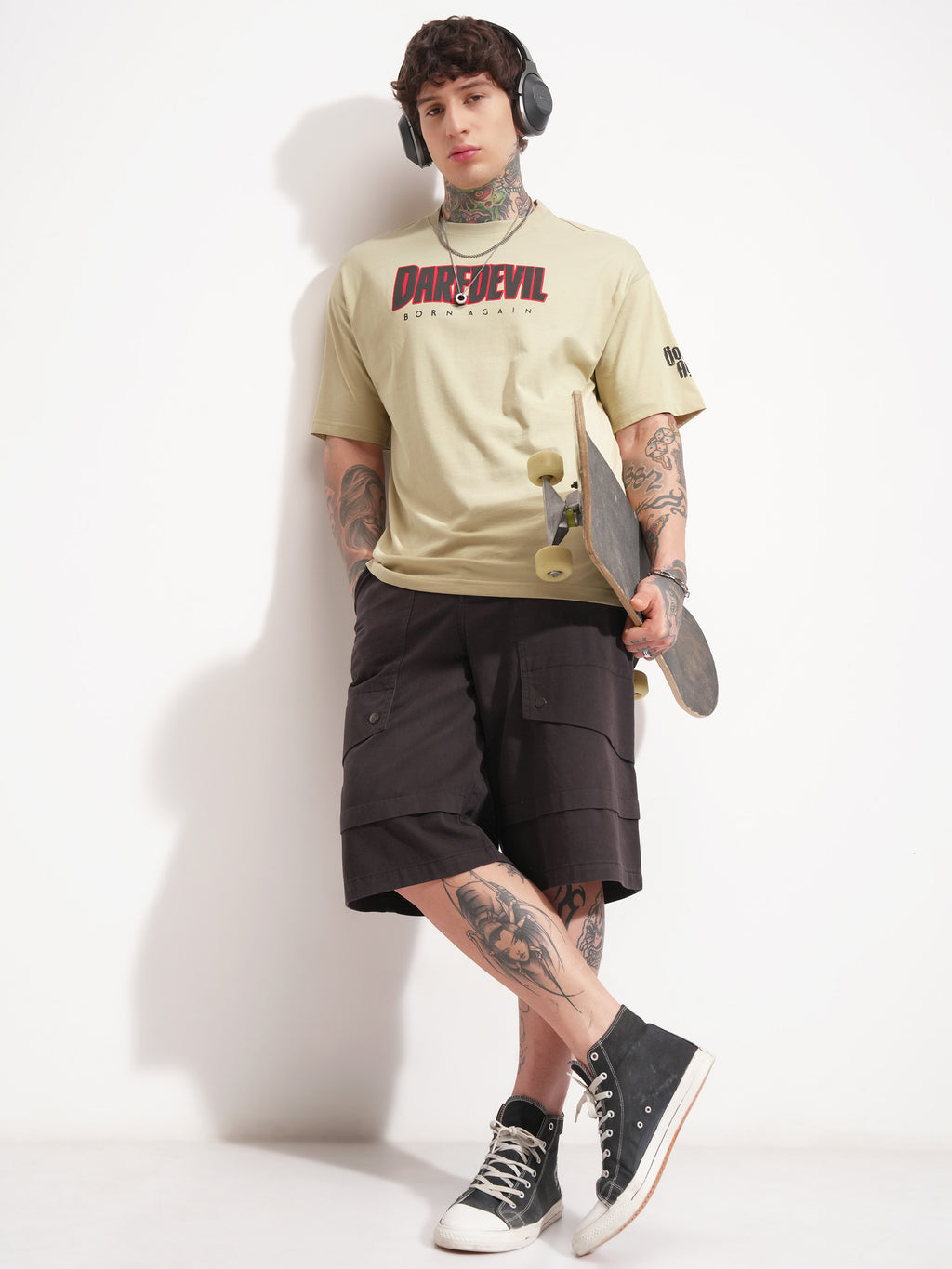 Marvel By Highlander Men Beige Dare Devil Printed Round Neck Oversized Fit T-Shirt - Beige - Image 2