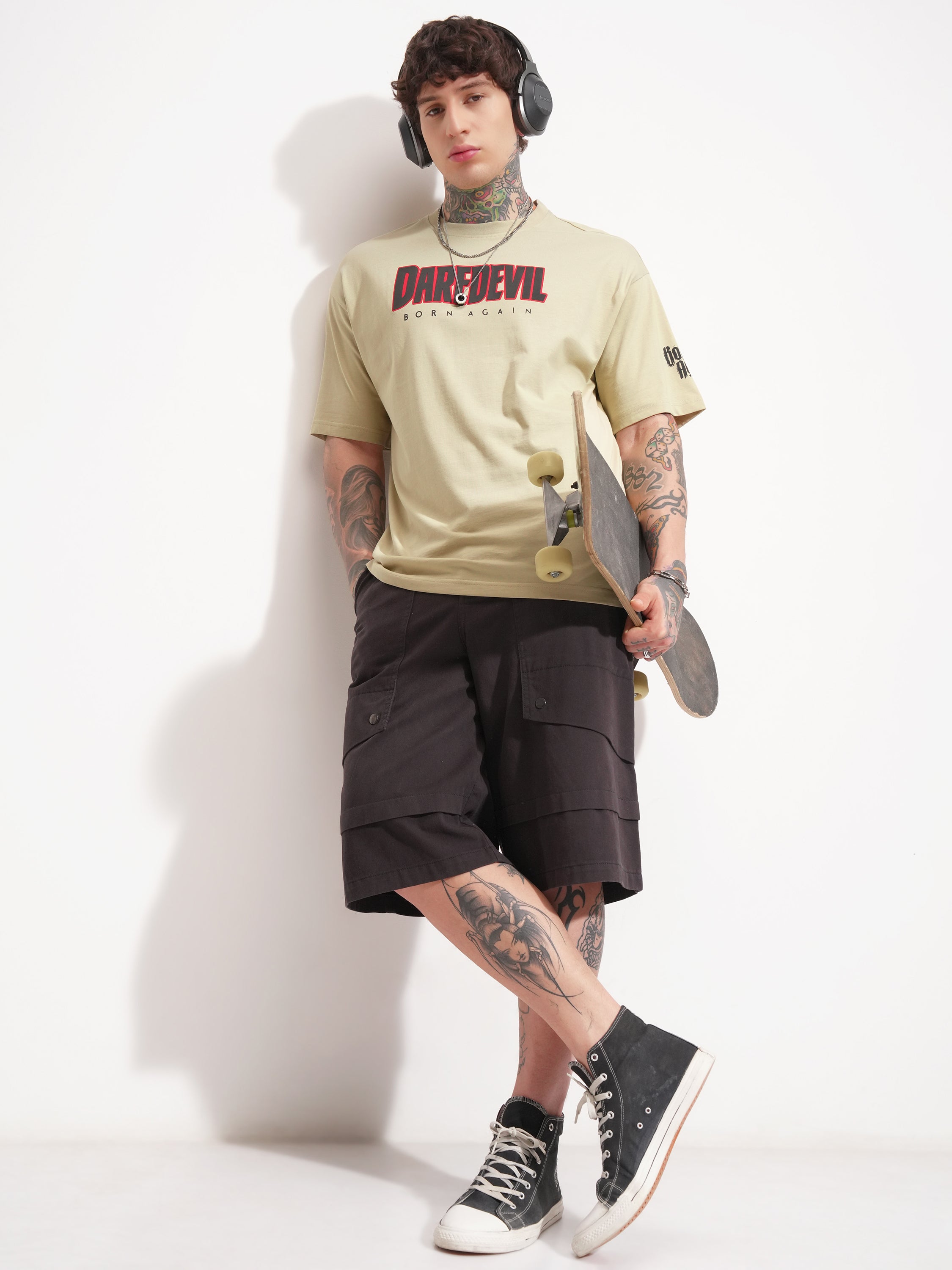 Marvel By Highlander Men Beige Dare Devil Printed Round Neck Oversized Fit T-Shirt - Beige - Image 2