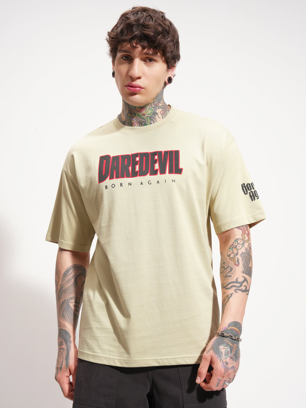 Marvel By Highlander Men Beige Dare Devil Printed Round Neck Oversized Fit T-Shirt - Beige - Image 3