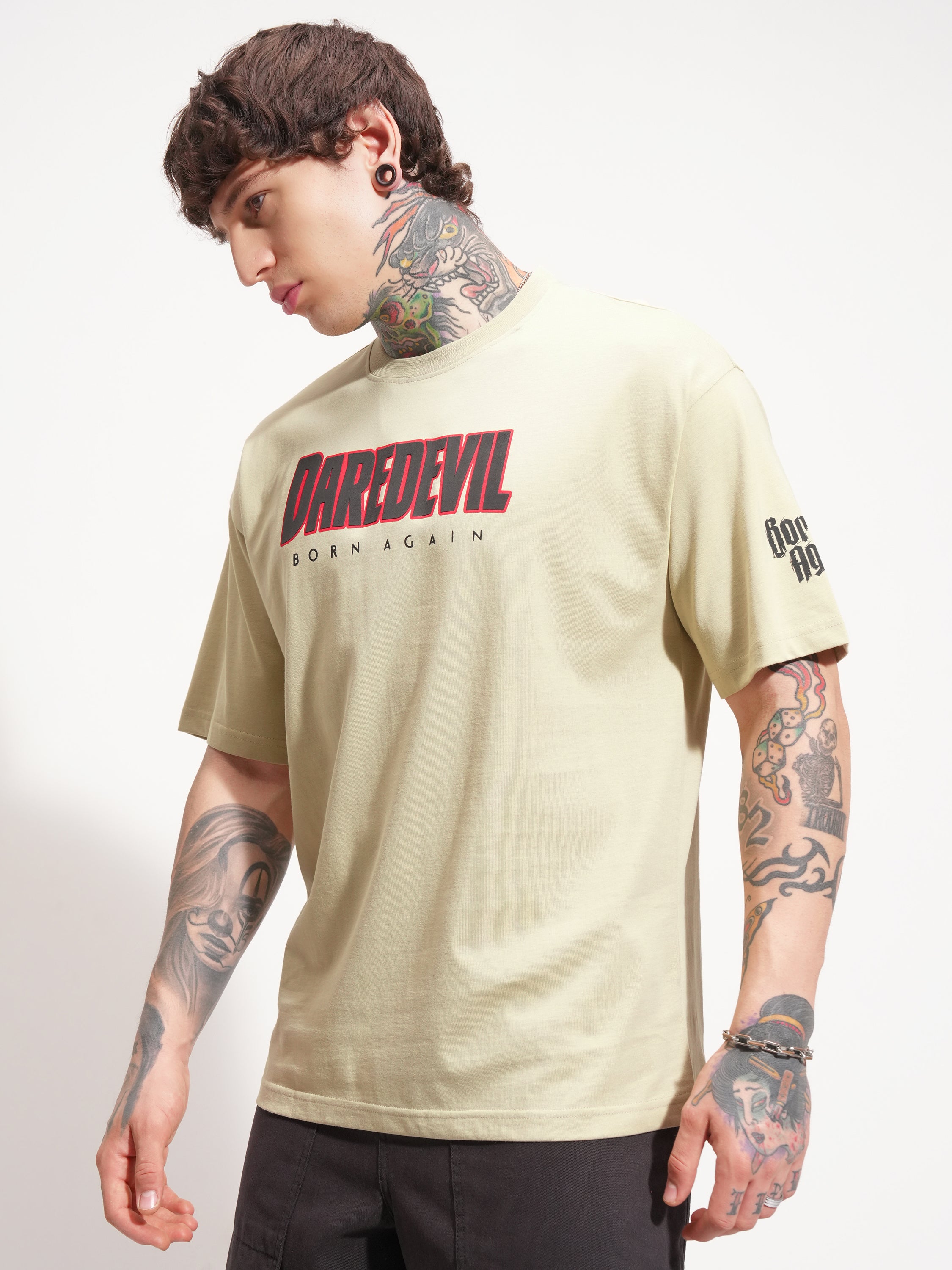 Marvel By Highlander Men Beige Dare Devil Printed Round Neck Oversized Fit T-Shirt - Beige - Image 4