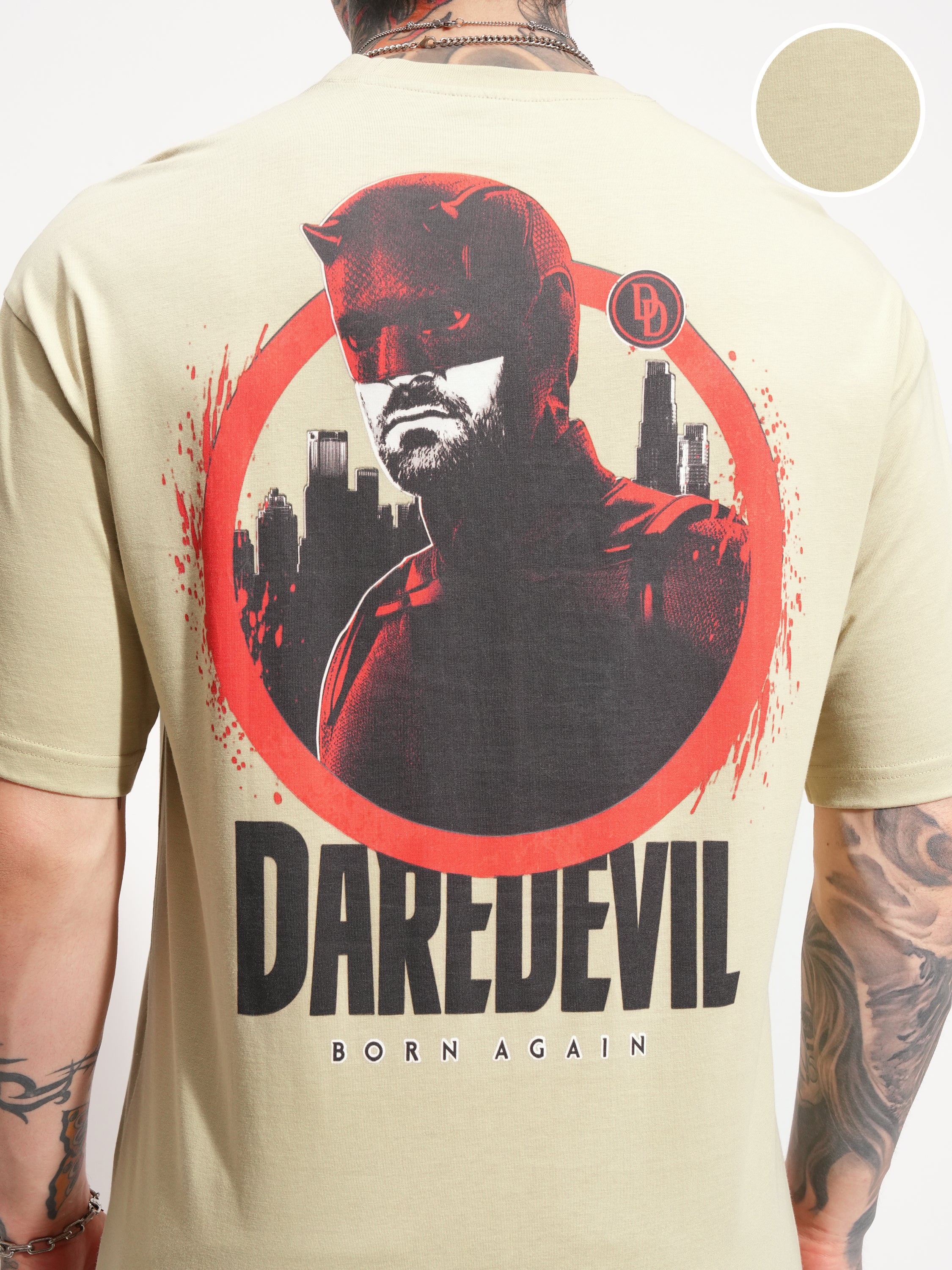 Marvel By Highlander Men Beige Dare Devil Printed Round Neck Oversized Fit T-Shirt - Beige - Image 5