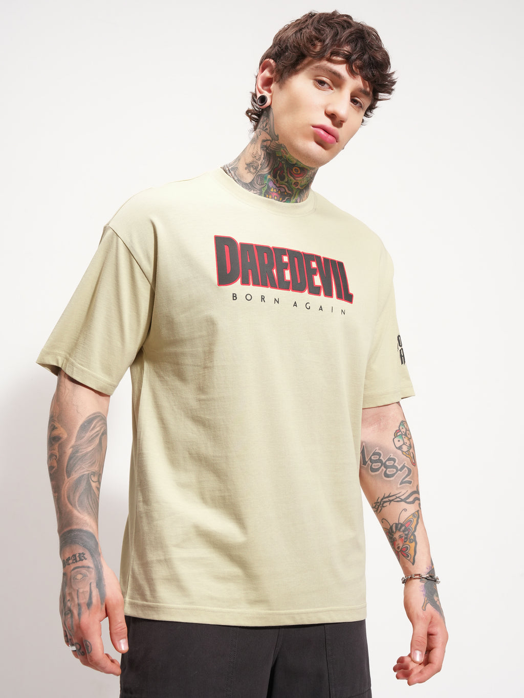 Marvel By Highlander Men Beige Dare Devil Printed Round Neck Oversized Fit T-Shirt - Beige - Image 6