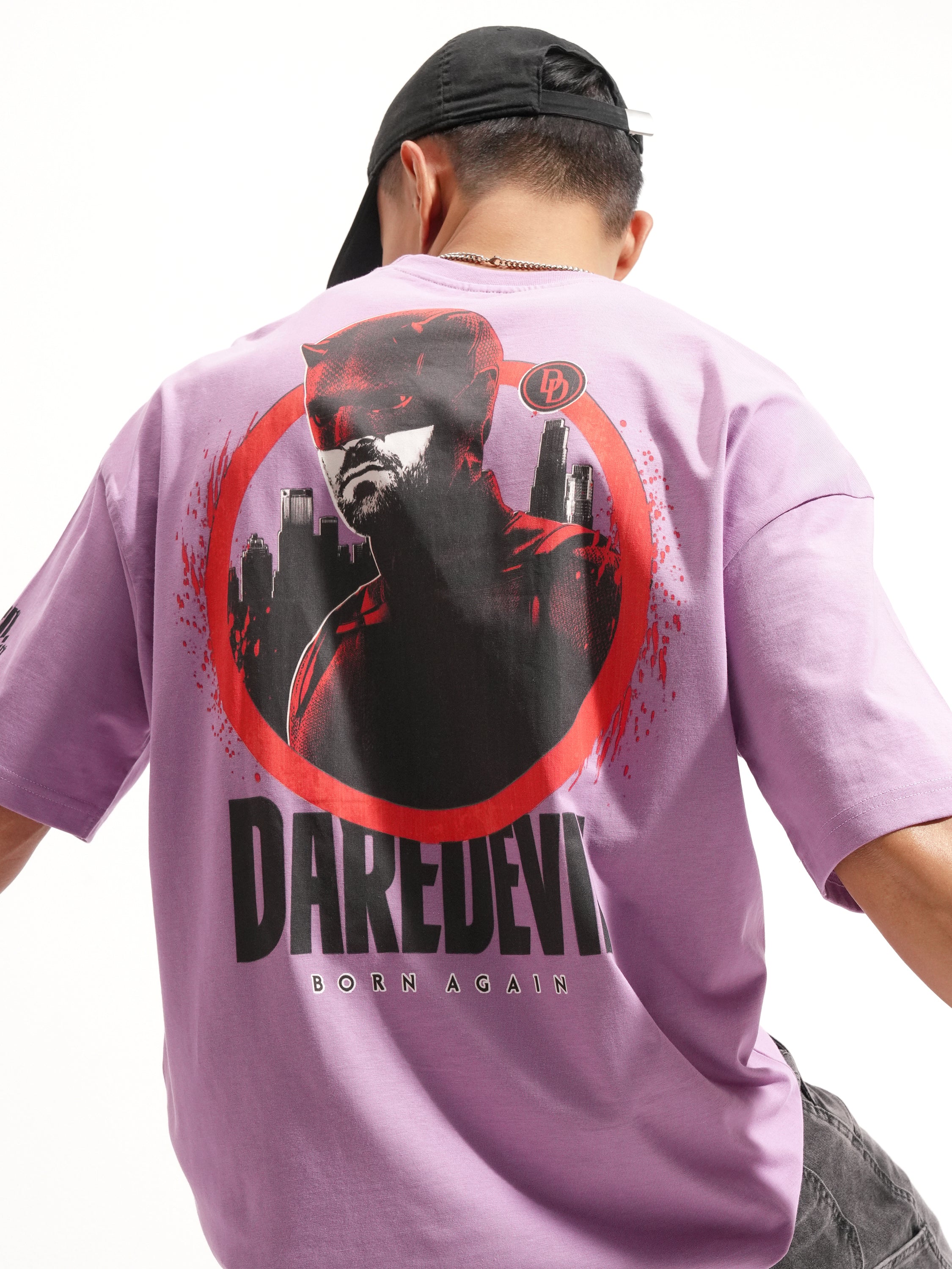 Marvel By Highlander Men Lavender Dare Devil Printed Round Neck Oversized Fit T-Shirt - Lavender - Image 1