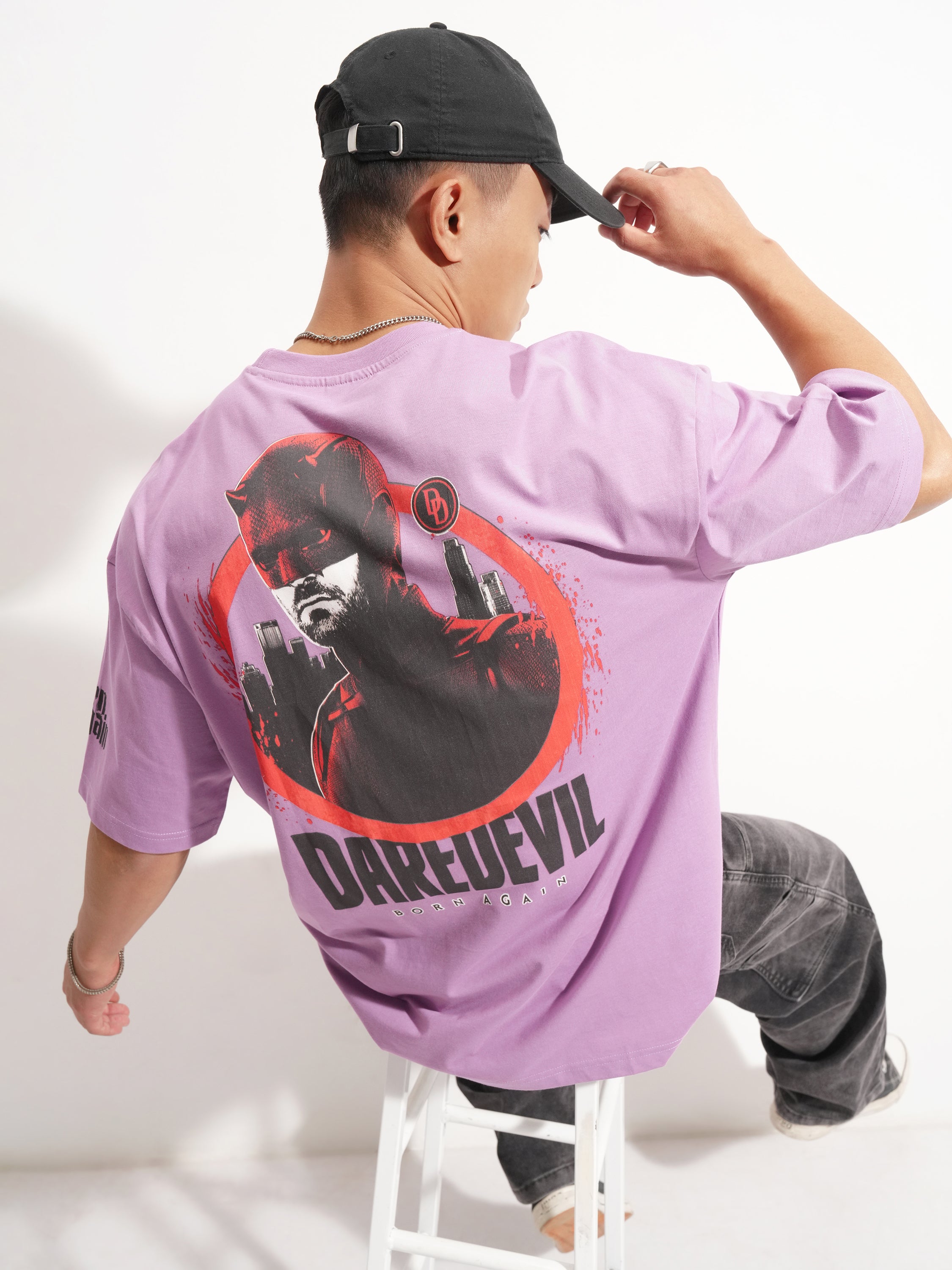 Marvel By Highlander Men Lavender Dare Devil Printed Round Neck Oversized Fit T-Shirt - Lavender - Image 2