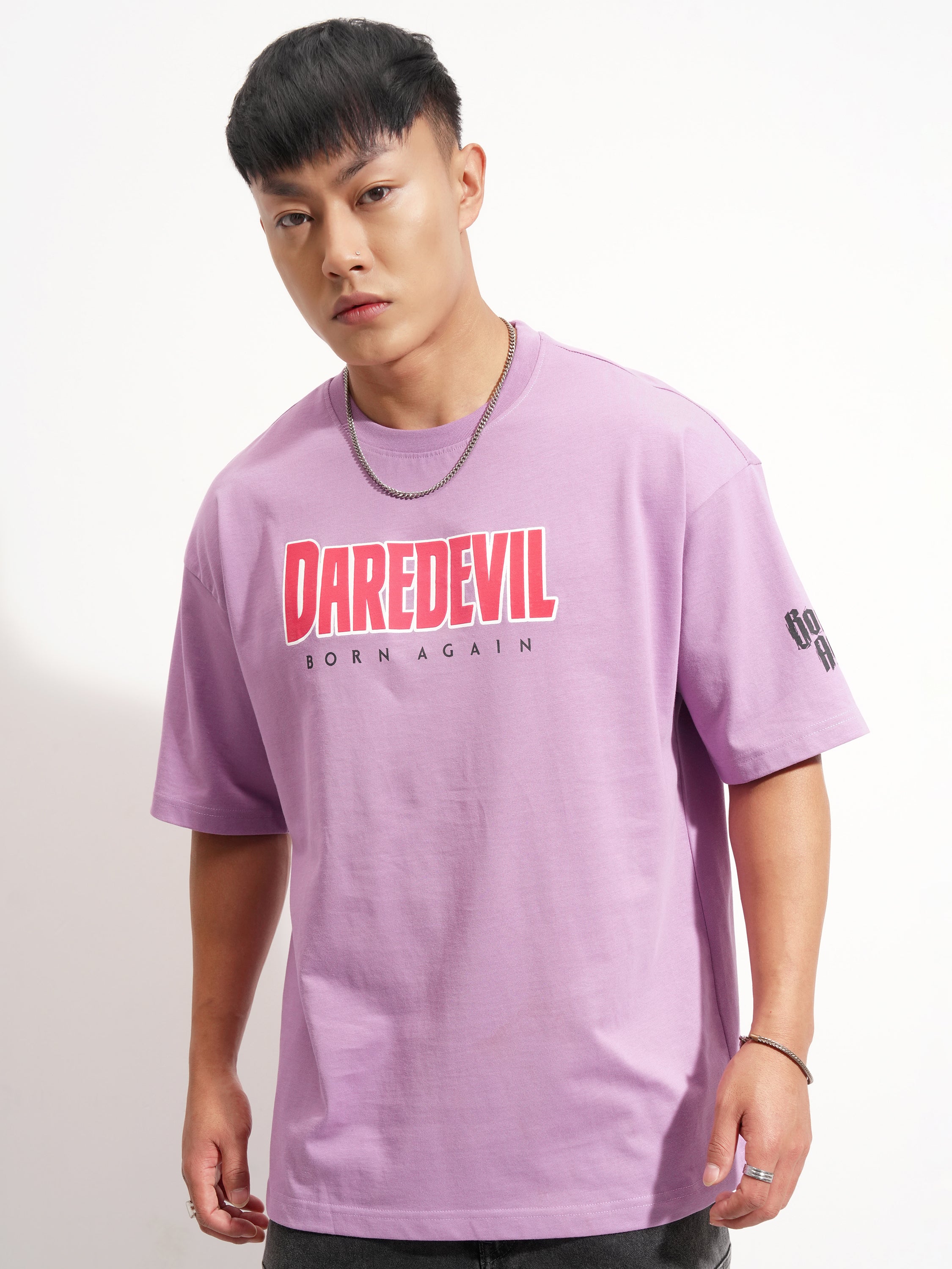 Marvel By Highlander Men Lavender Dare Devil Printed Round Neck Oversized Fit T-Shirt - Lavender - Image 3