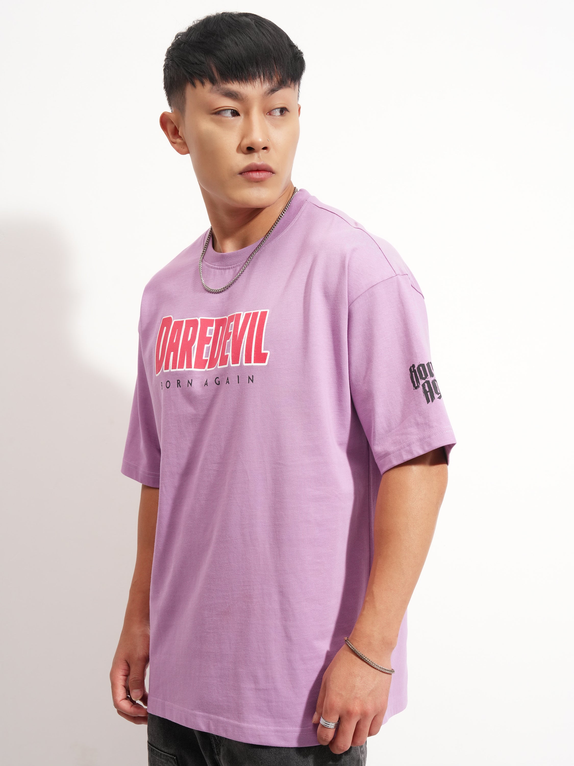 Marvel By Highlander Men Lavender Dare Devil Printed Round Neck Oversized Fit T-Shirt - Lavender - Image 4